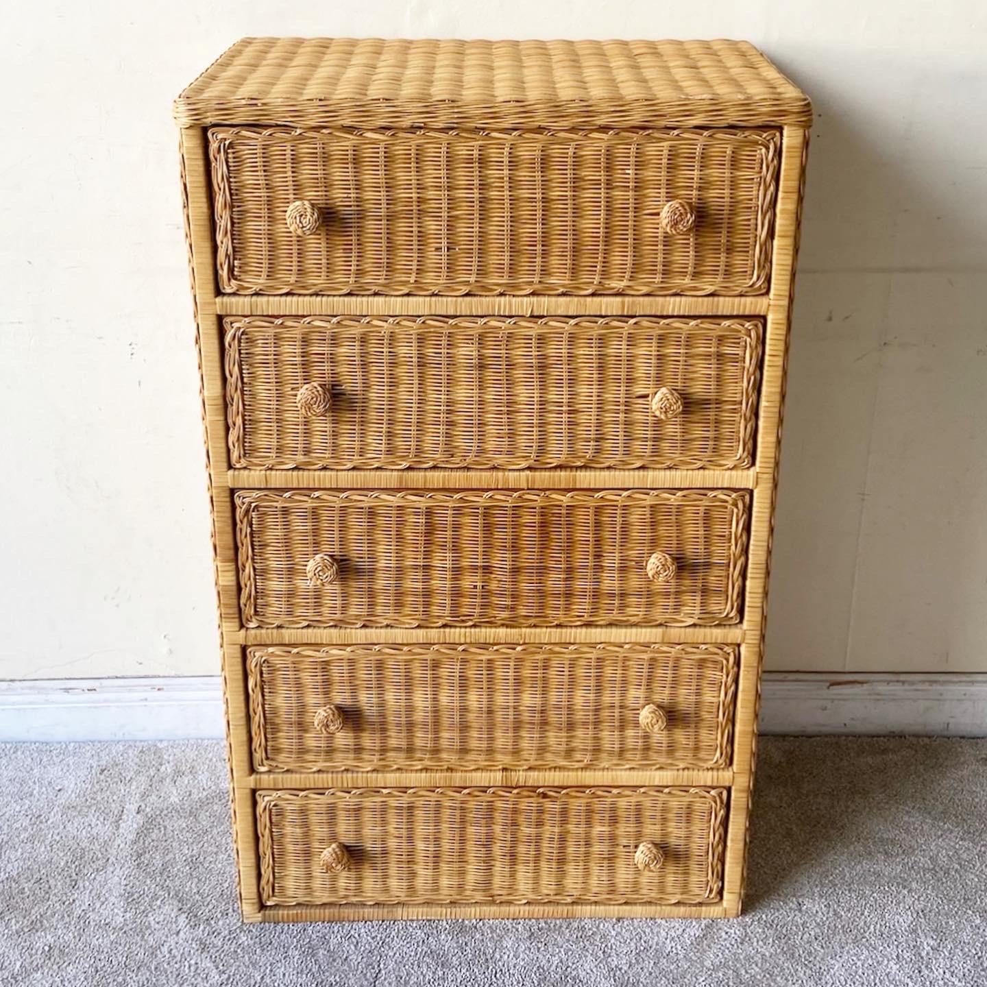 Amazing vintage bohemian Highboy dresser. Features a rattan frame with wicker thought the frames and drawer faces of the dresser.
