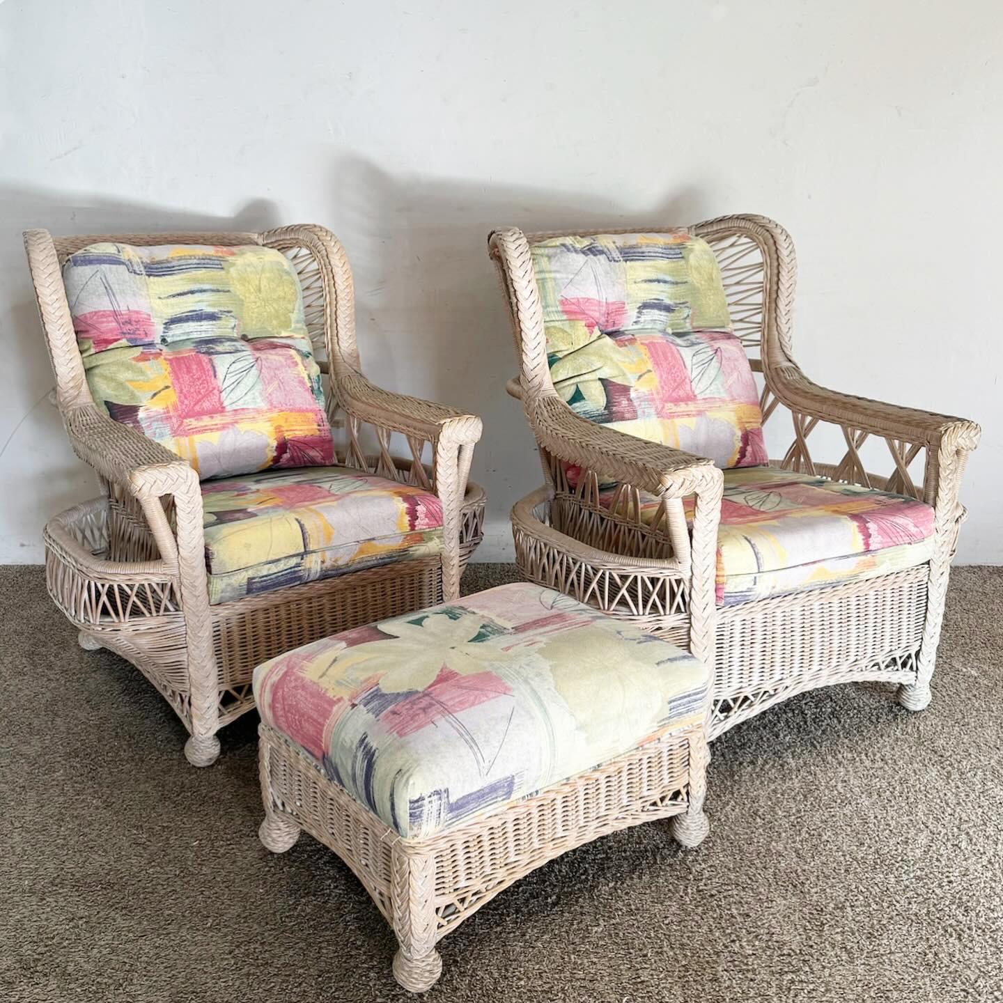 The Boho Chic Wicker Rattan Lounge Chairs with Ottoman set, comprising 3 pieces, offers relaxed elegance for your space. Including two lounge chairs and a matching ottoman, made from high-quality wicker and rattan, it promises comfort and style. The