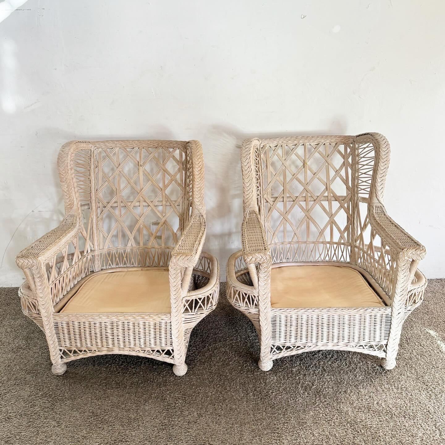 20th Century Boho Chic Wicker Rattan Lounge Chairs With Ottoman - 3 Pieces