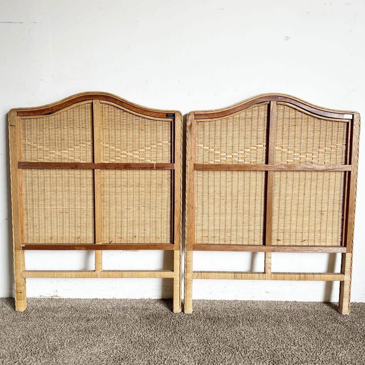 Boho Chic Wicker Rattan Twin Headboards - a Pair In Good Condition For Sale In Delray Beach, FL