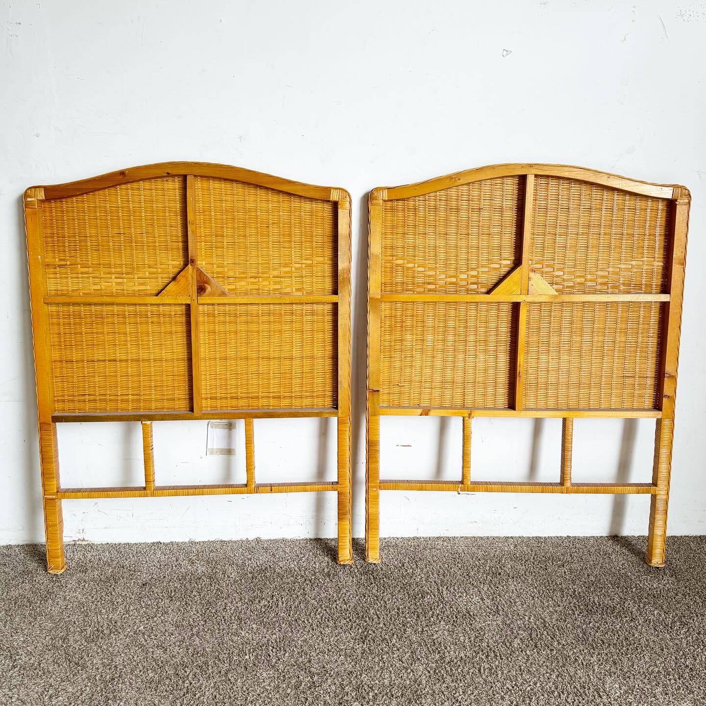 20th Century Boho Chic Wicker Rattan Twin Headboards - a Pair For Sale