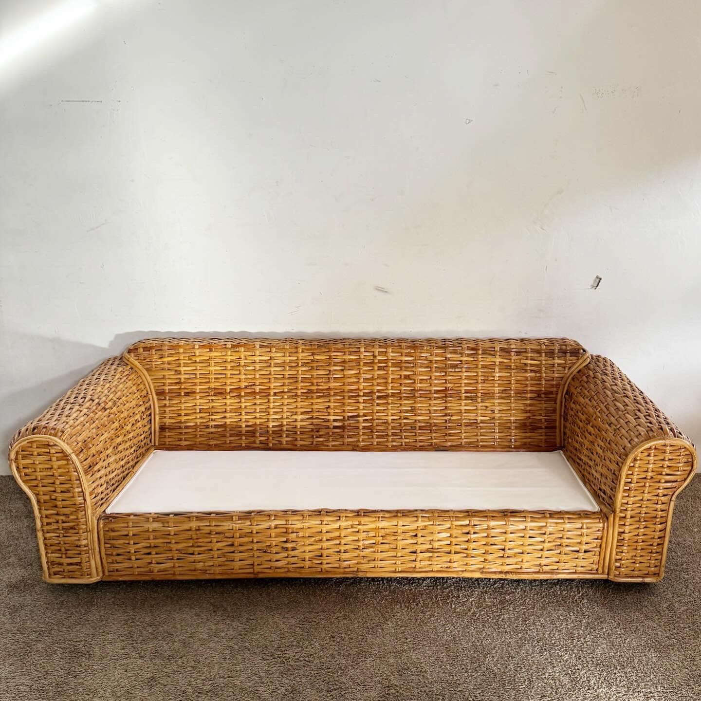 Boho Chic Wicker Sofa With White Cushions by Polo Ralph Lauren In Good Condition For Sale In Delray Beach, FL