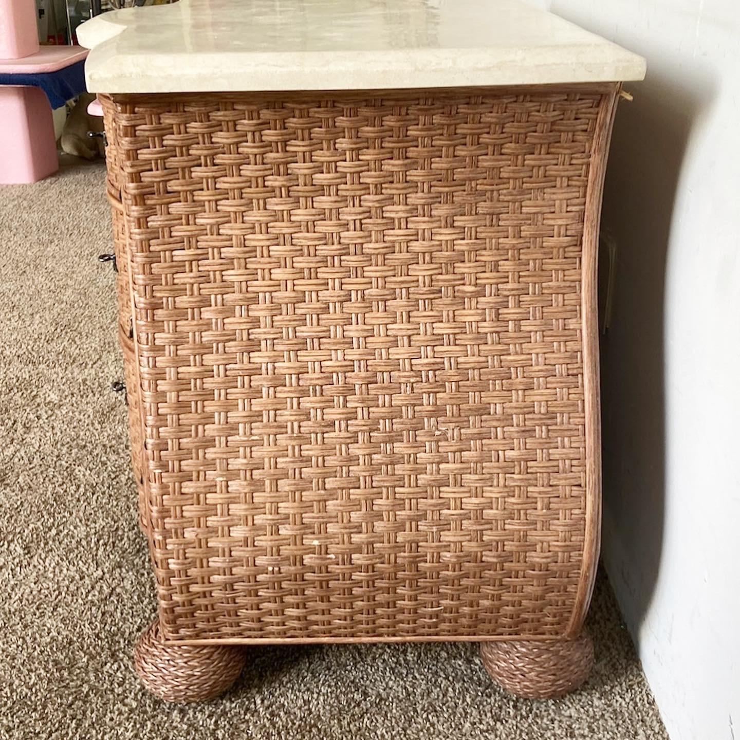 Boho Chic Wicker Tessellated Stone Top Chest of Drawers In Good Condition For Sale In Delray Beach, FL