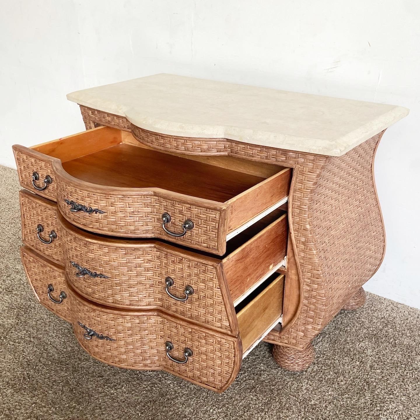 Late 20th Century Boho Chic Wicker Tessellated Stone Top Chest of Drawers For Sale