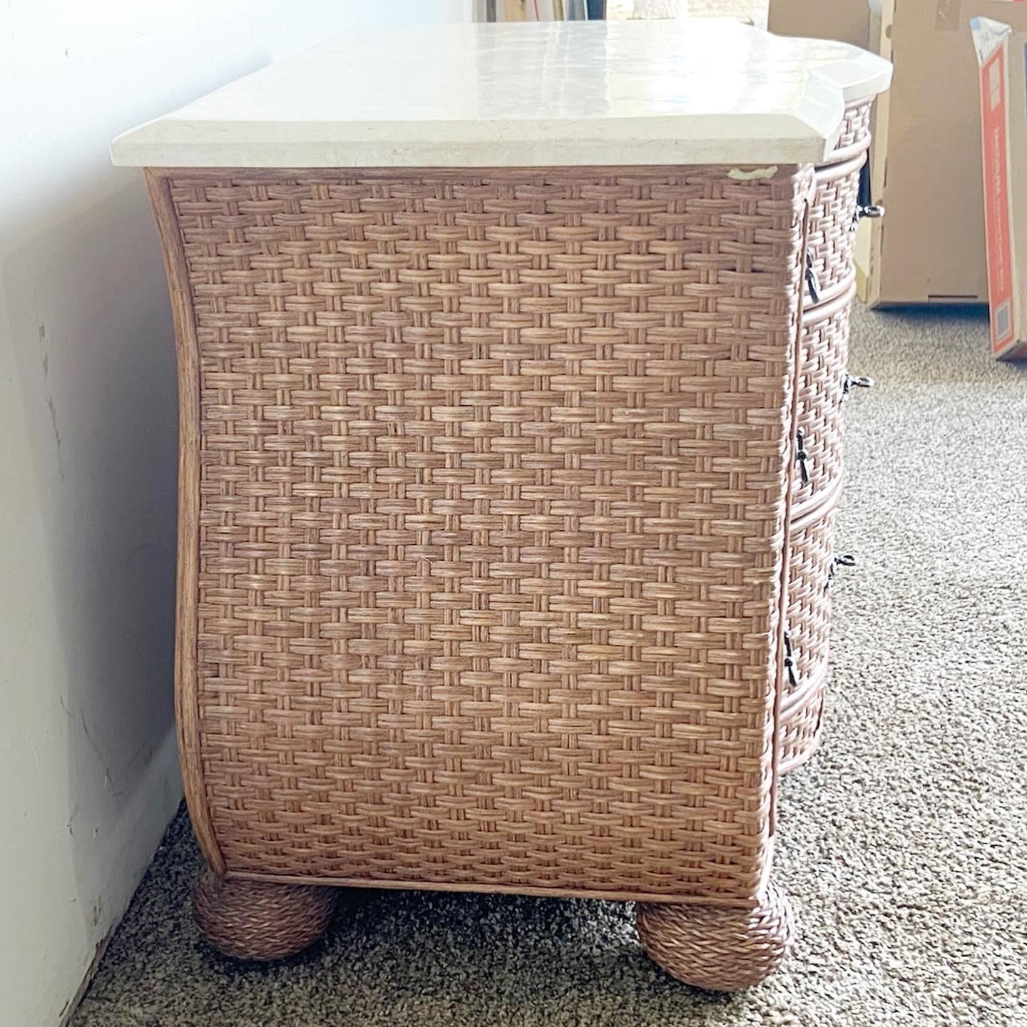 Boho Chic Wicker Tessellated Stone Top Chest of Drawers For Sale 1