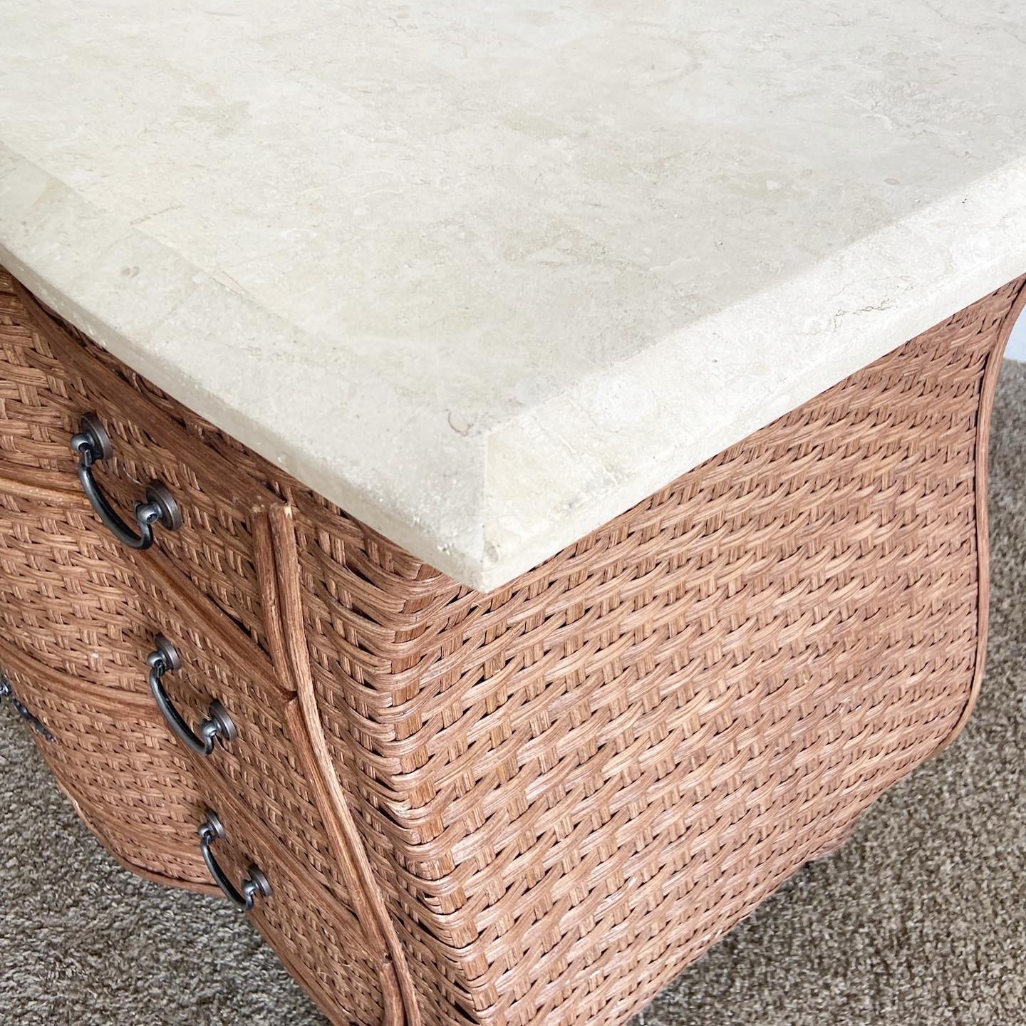 Boho Chic Wicker Tessellated Stone Top Chest of Drawers For Sale 3