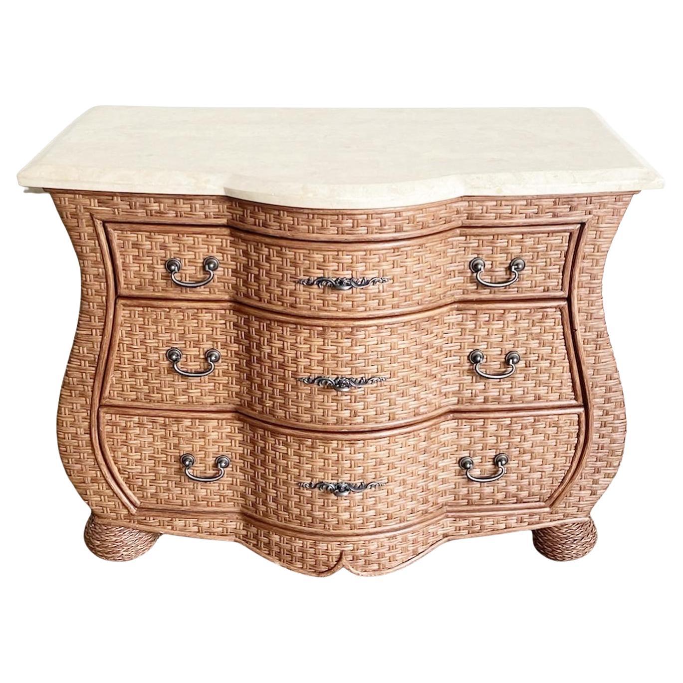 Boho Chic Wicker Tessellated Stone Top Chest of Drawers For Sale