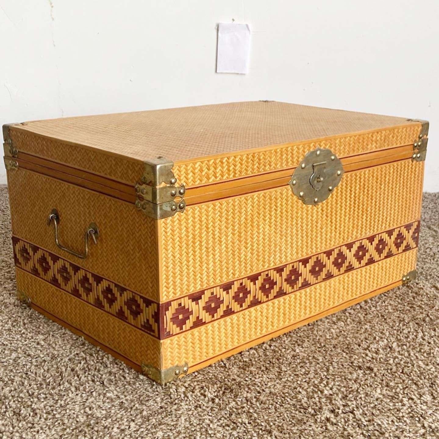 Vintage bohemian wicker storage chest/trunk. Features a natural finish throughout.

