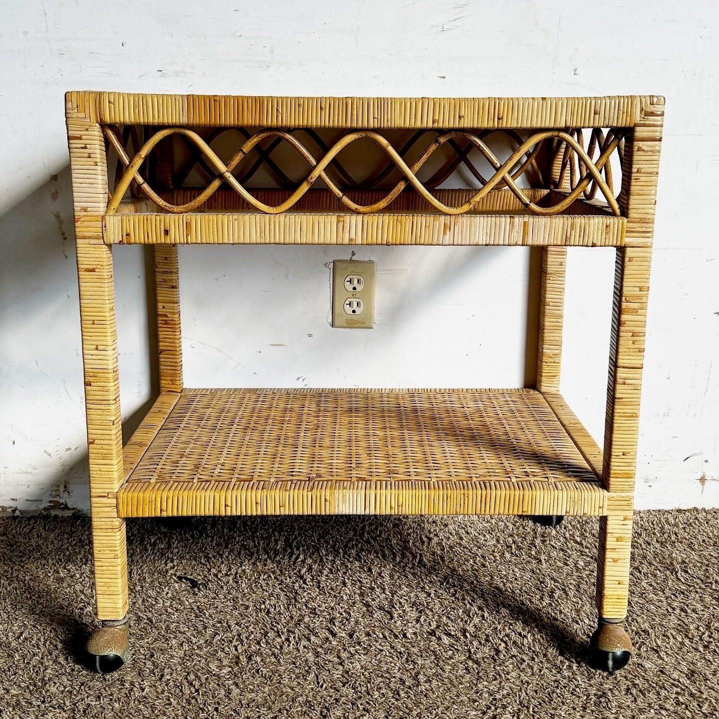 Boho Chic Wicker Two Tier Cart For Sale 2