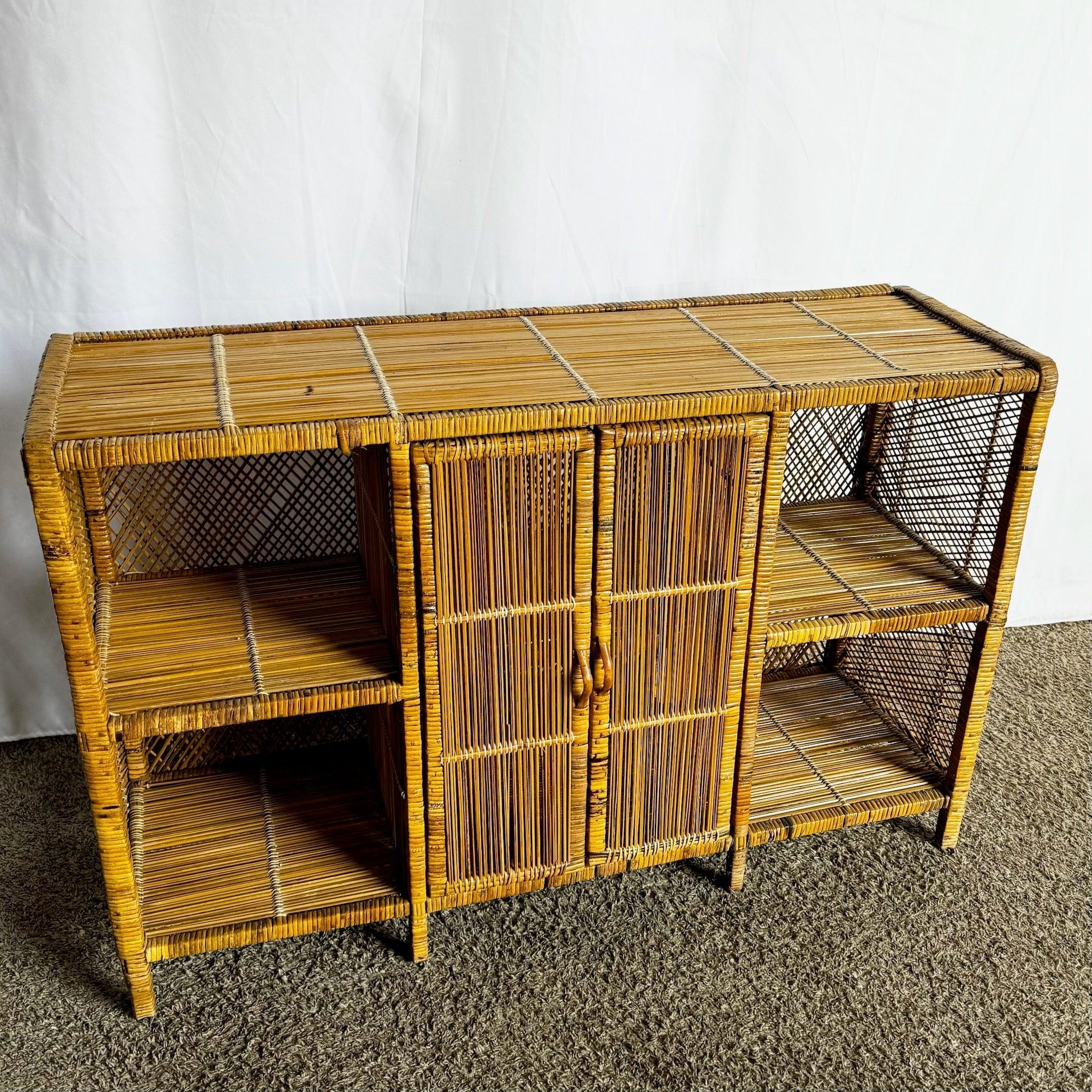 Boho Chic Wicker Wrapped Credenza—natural wicker facade over sturdy frame adds coastal elegance to any room.
 
 Some wear to the wrapping as shown in the photos.
 
 We sell items as acquired, without restoring or repairing. Vintage pieces may have