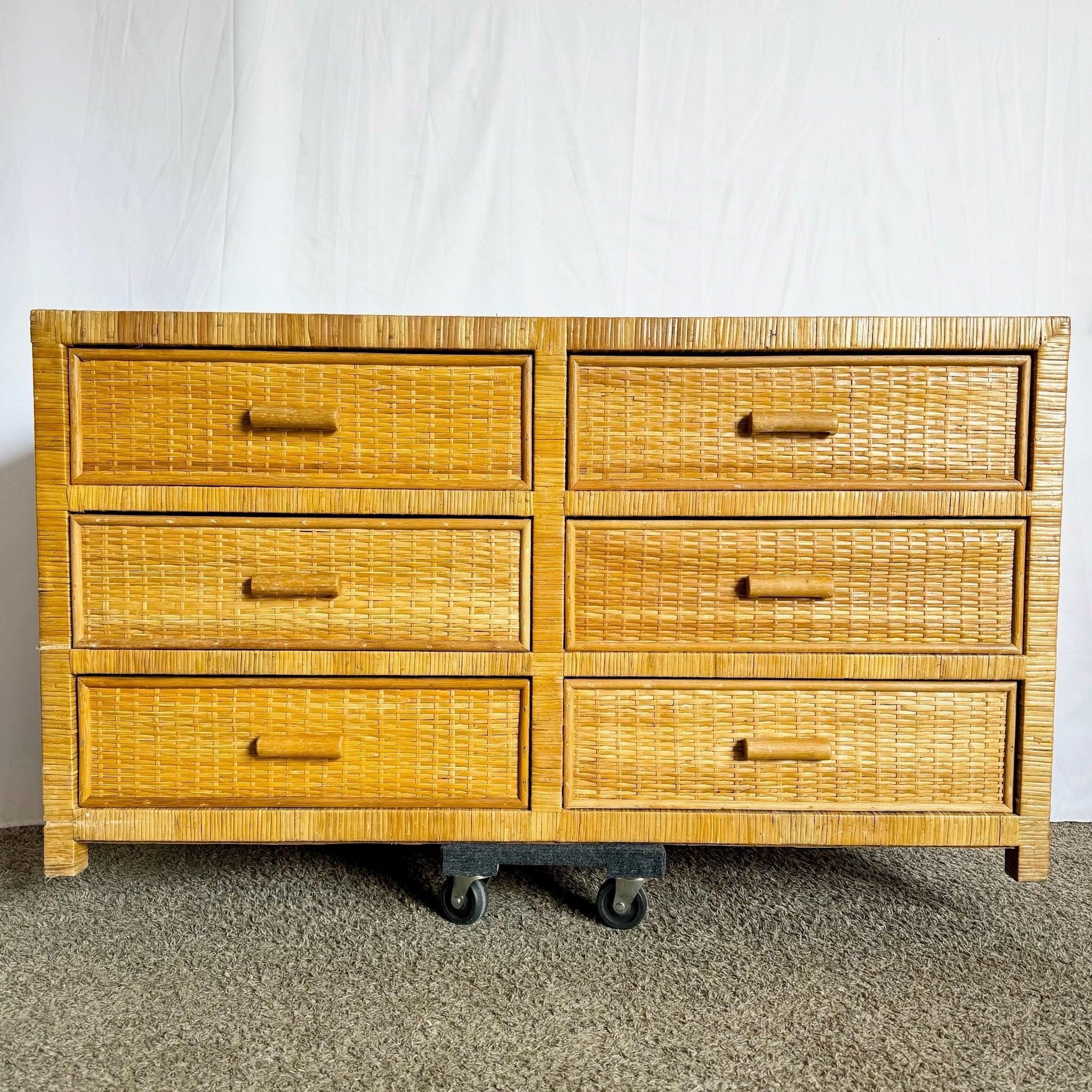 Boho Chic Wicker Wrapped Dresser - 6 Drawer For Sale 6