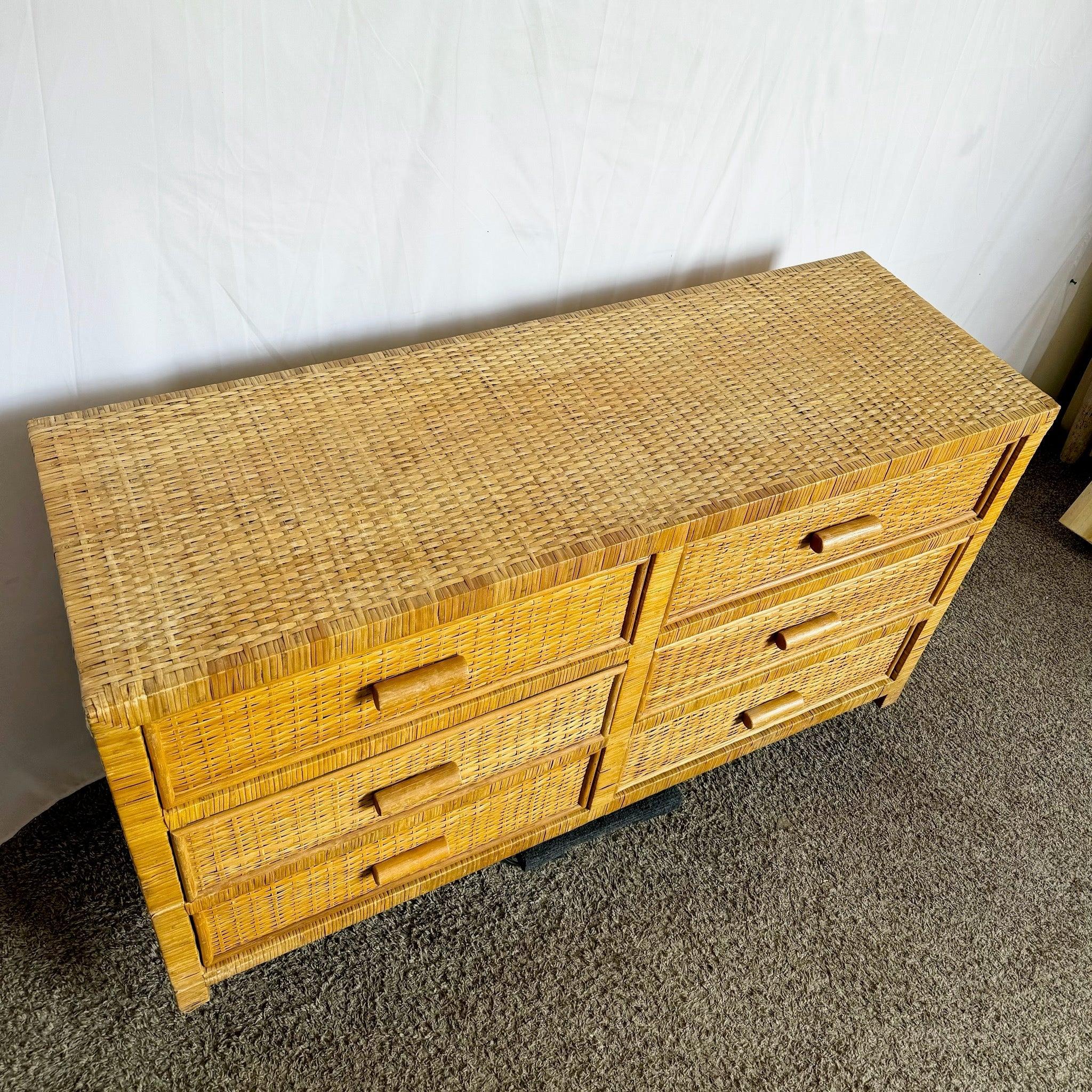 Boho Chic Wicker Wrapped Dresser - 6 Drawer For Sale 3