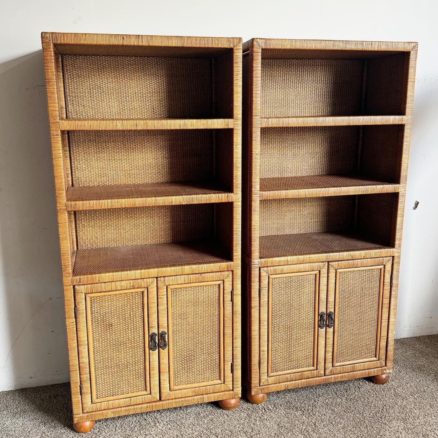 Bring a touch of rustic elegance to your decor with this Pair of Boho Chic Wicker Wrapped Etageres. These pieces feature natural wicker wrapping that adds warmth and texture, enhancing any room with their eclectic charm. The open design provides