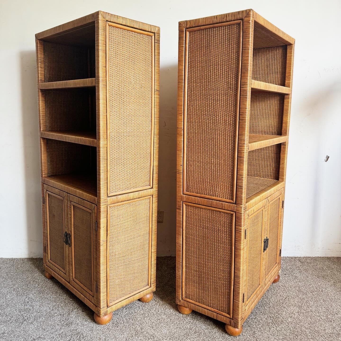 Boho Chic Wicker Wrapped Etageres - a Pair In Good Condition In Delray Beach, FL