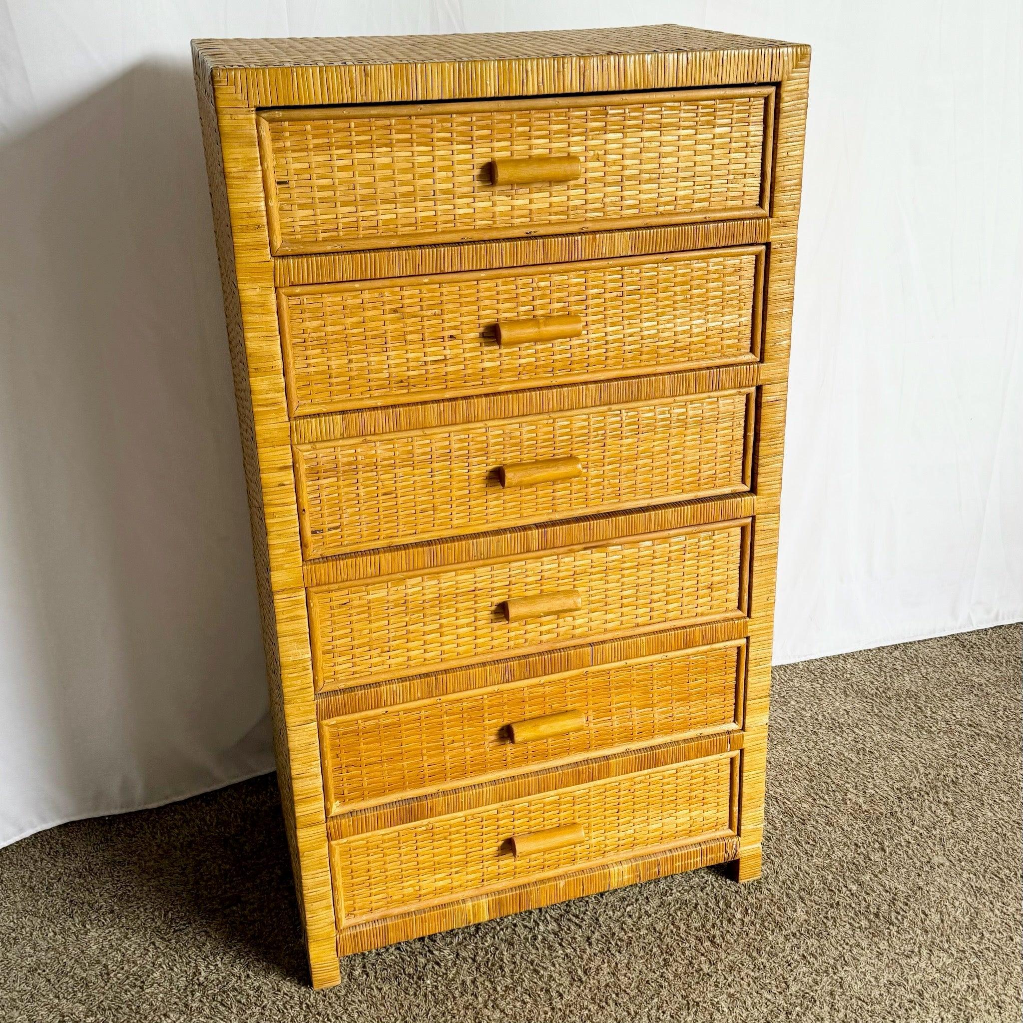 Boho Chic Wicker Highboy Dresser with six drawers and natural texture—perfect for adding storage and relaxed style to your home.
 
 Some wear to the wicker around the base as shown in the photos.
