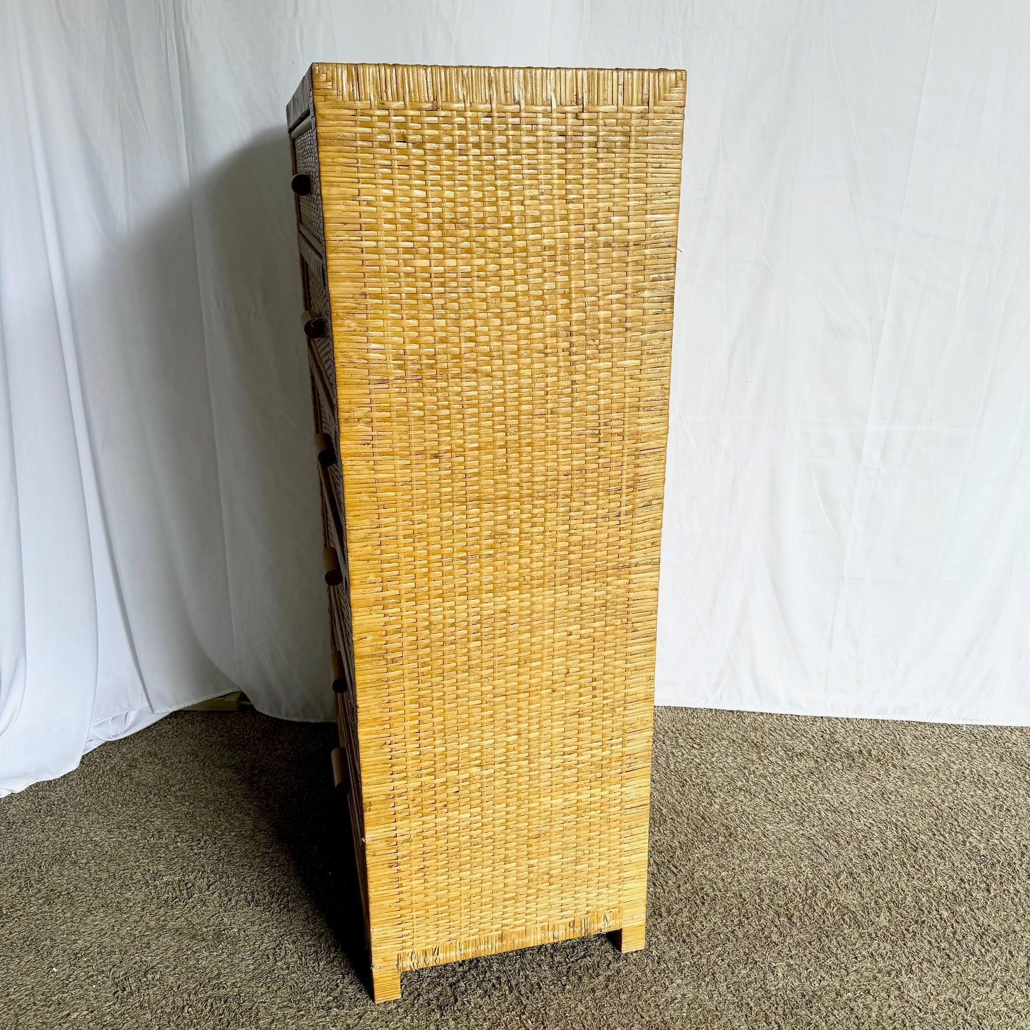 Indonesiano Boho Chic Wicker Wrapped Highboy Dresser - 6 Drawers in vendita