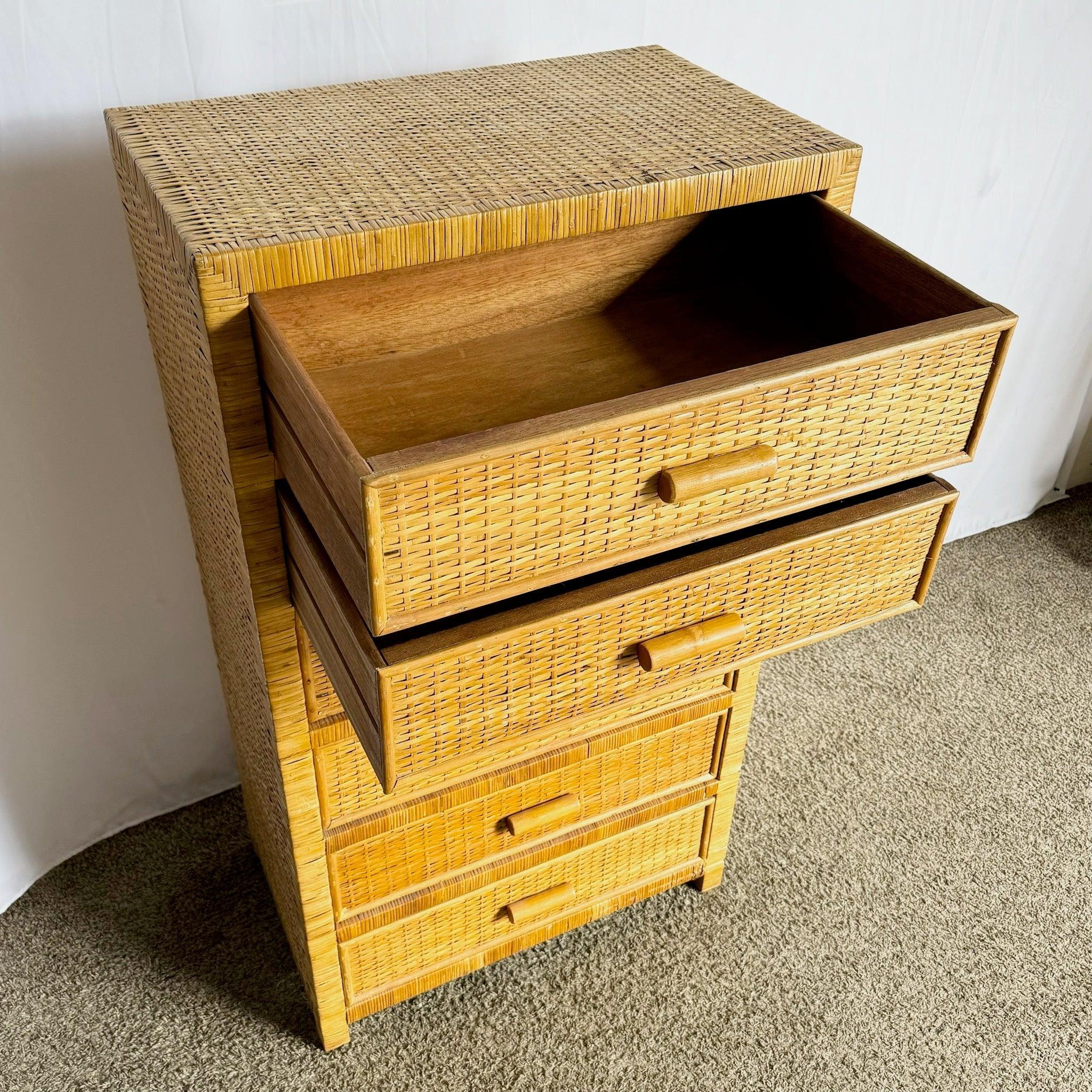 Boho Chic Wicker Wrapped Highboy Dresser - 6 Drawers in vendita 1