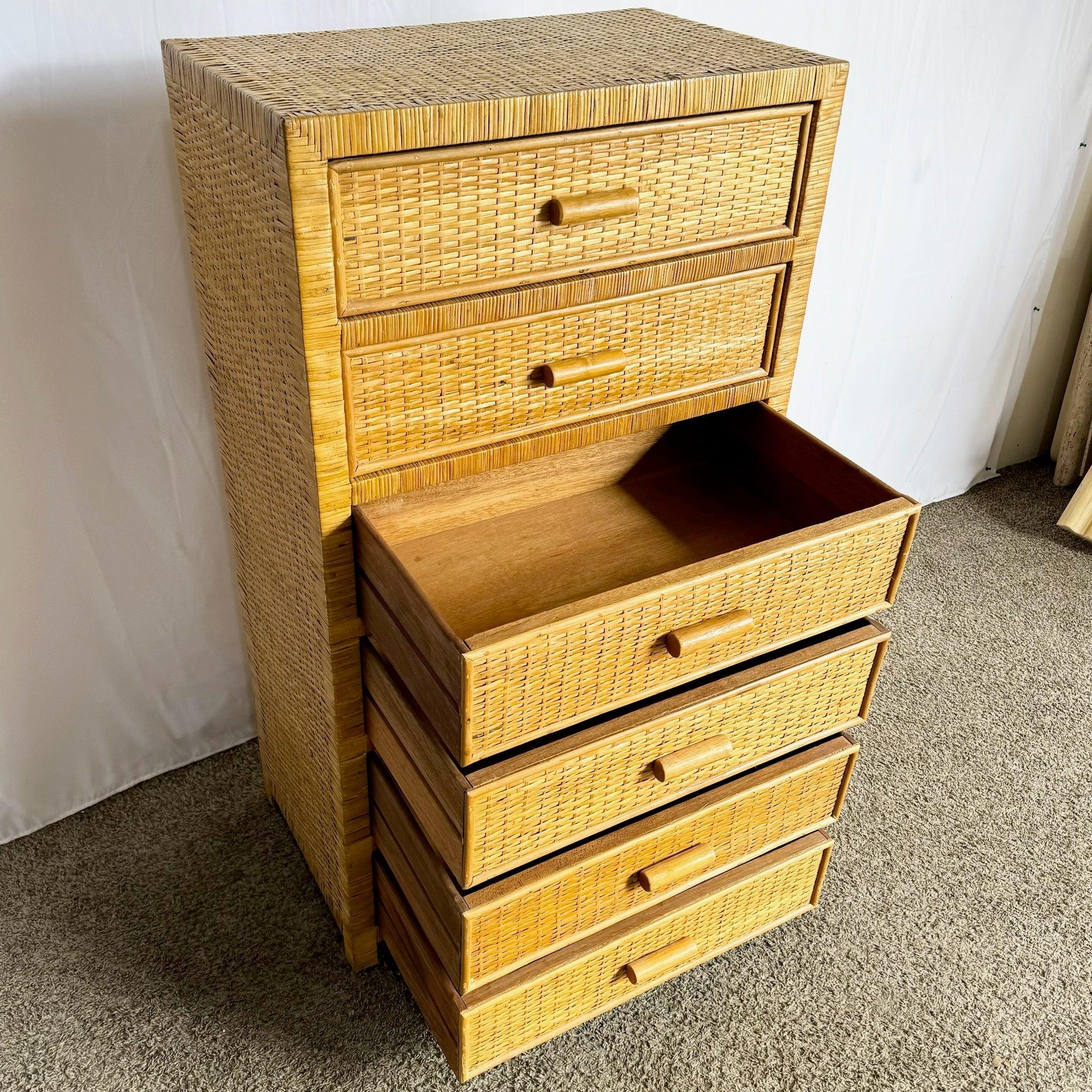 Boho Chic Wicker Wrapped Highboy Dresser - 6 Drawers in vendita 2