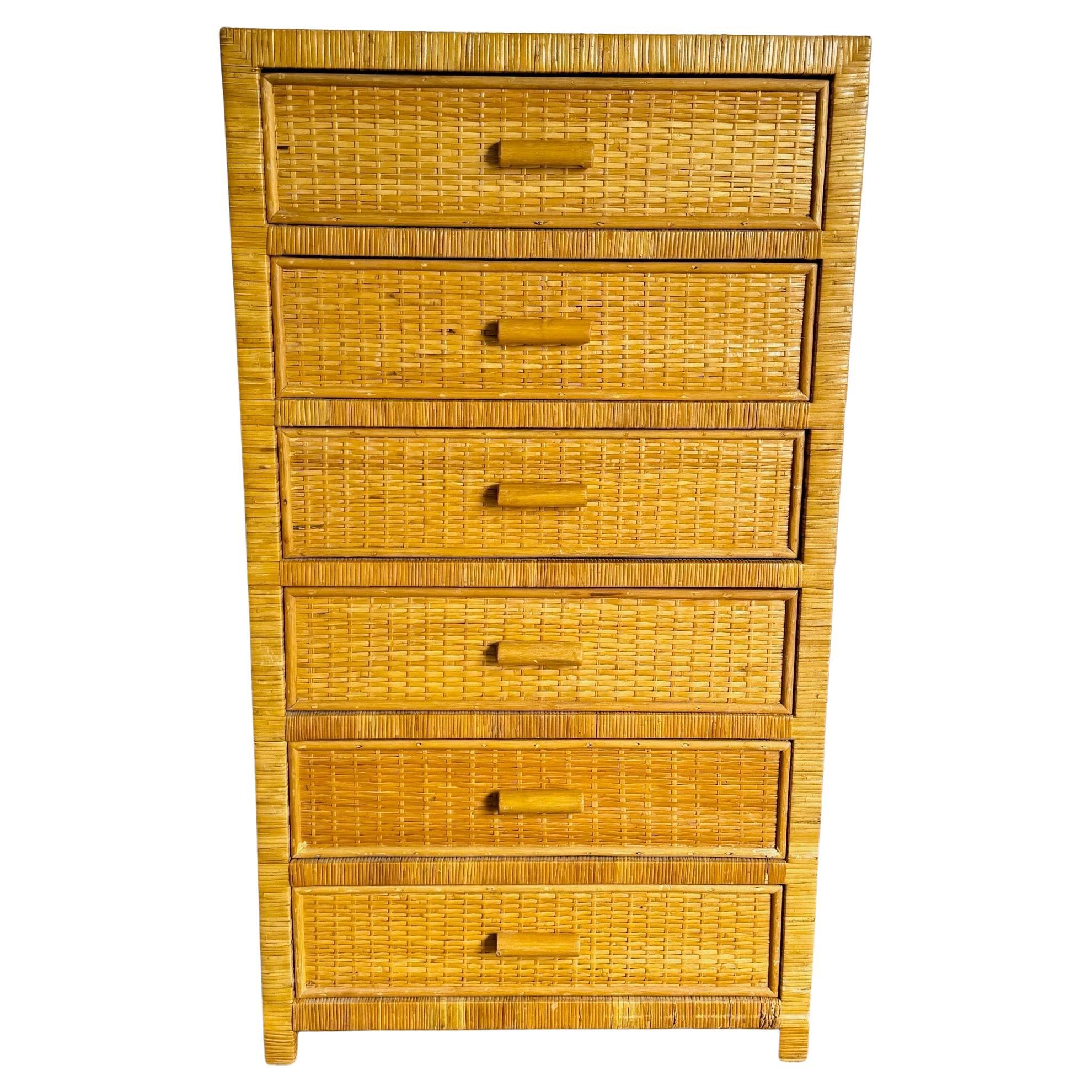 Boho Chic Wicker Wrapped Highboy Dresser - 6 Drawers