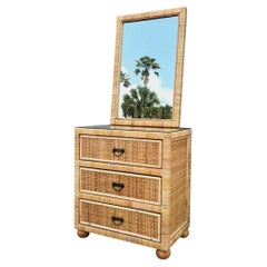 Boho Chic Wicker Wrapped Rattan Chest of Drawers With Mirror