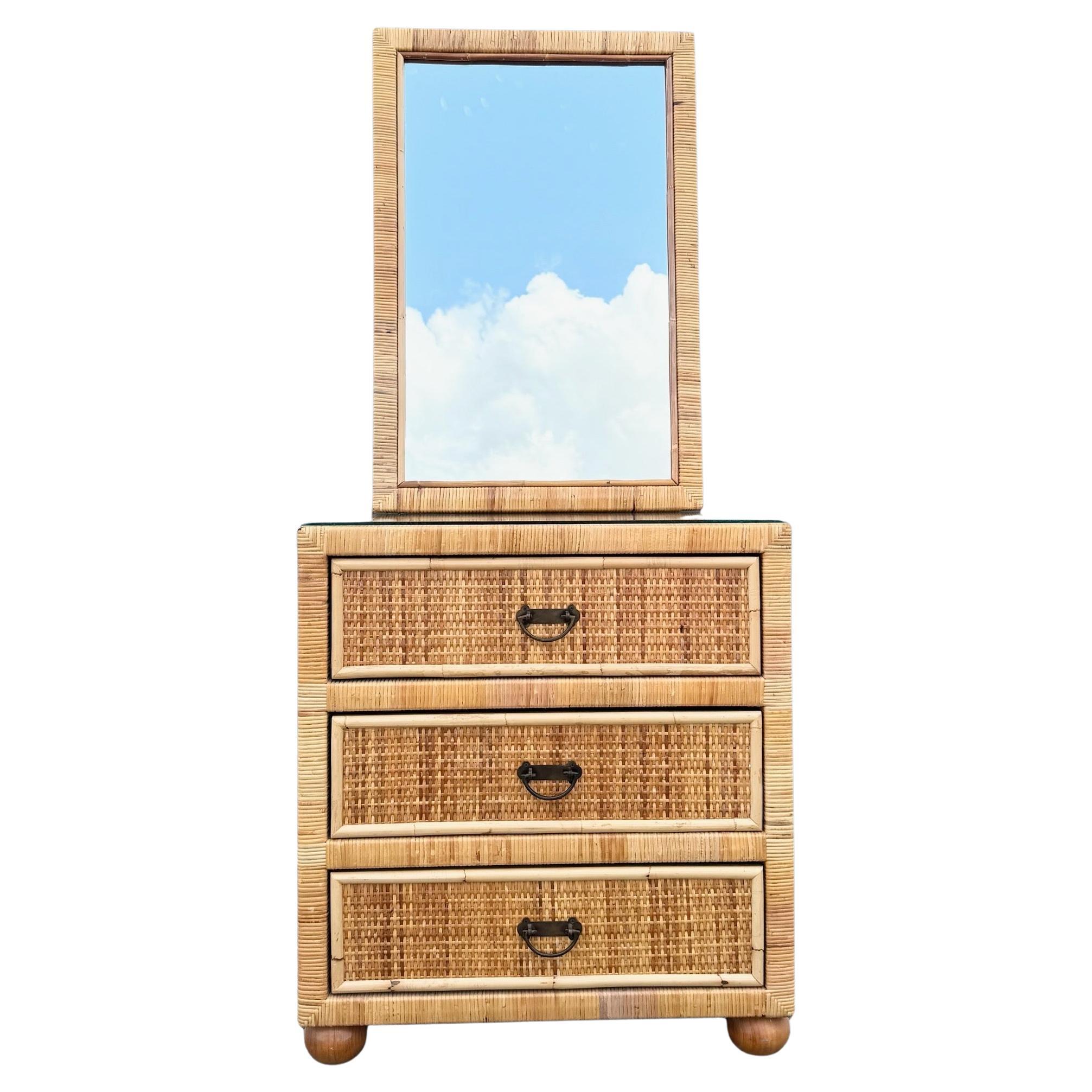 Boho Chic Wicker Wrapped Rattan Chest of Drawers With Mirror For Sale