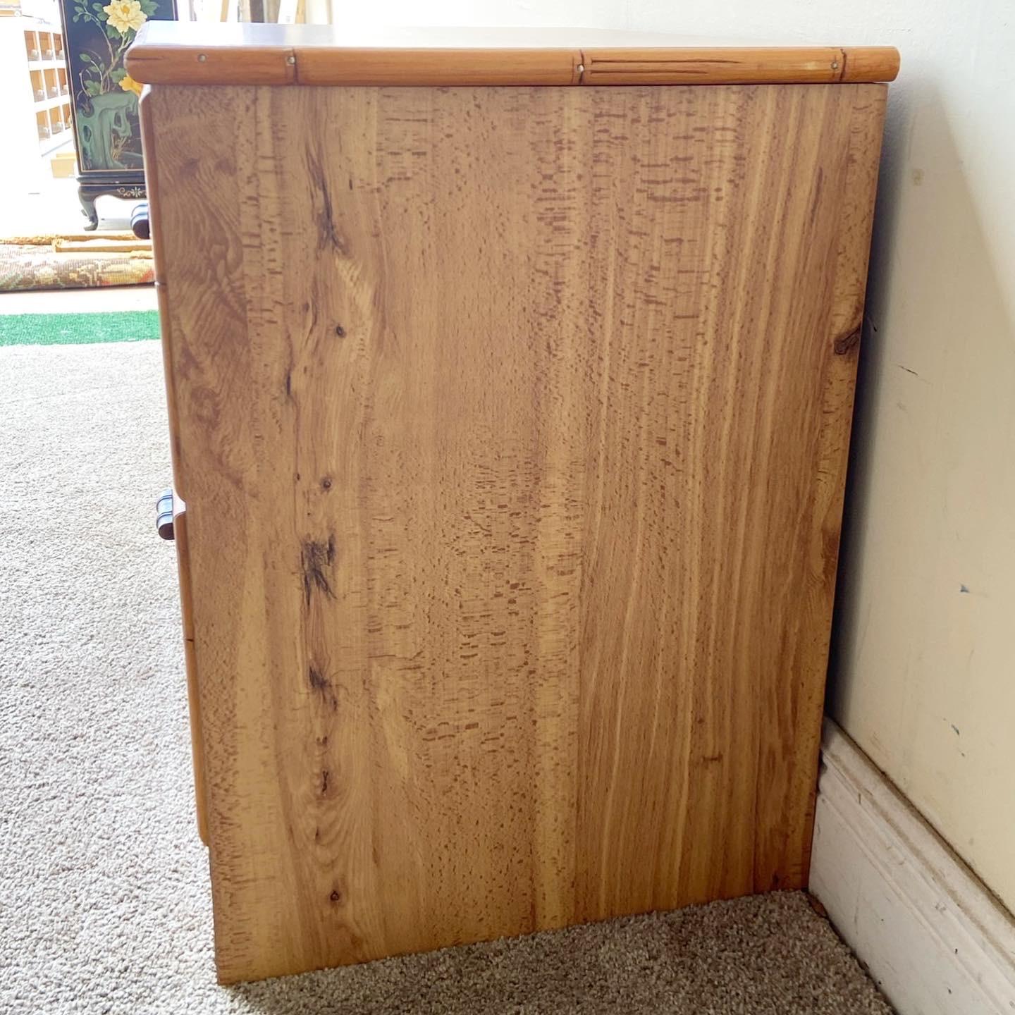 Boho Chic Wood Grain Laminate Faux Bamboo & Wicker Nightstand In Good Condition For Sale In Delray Beach, FL