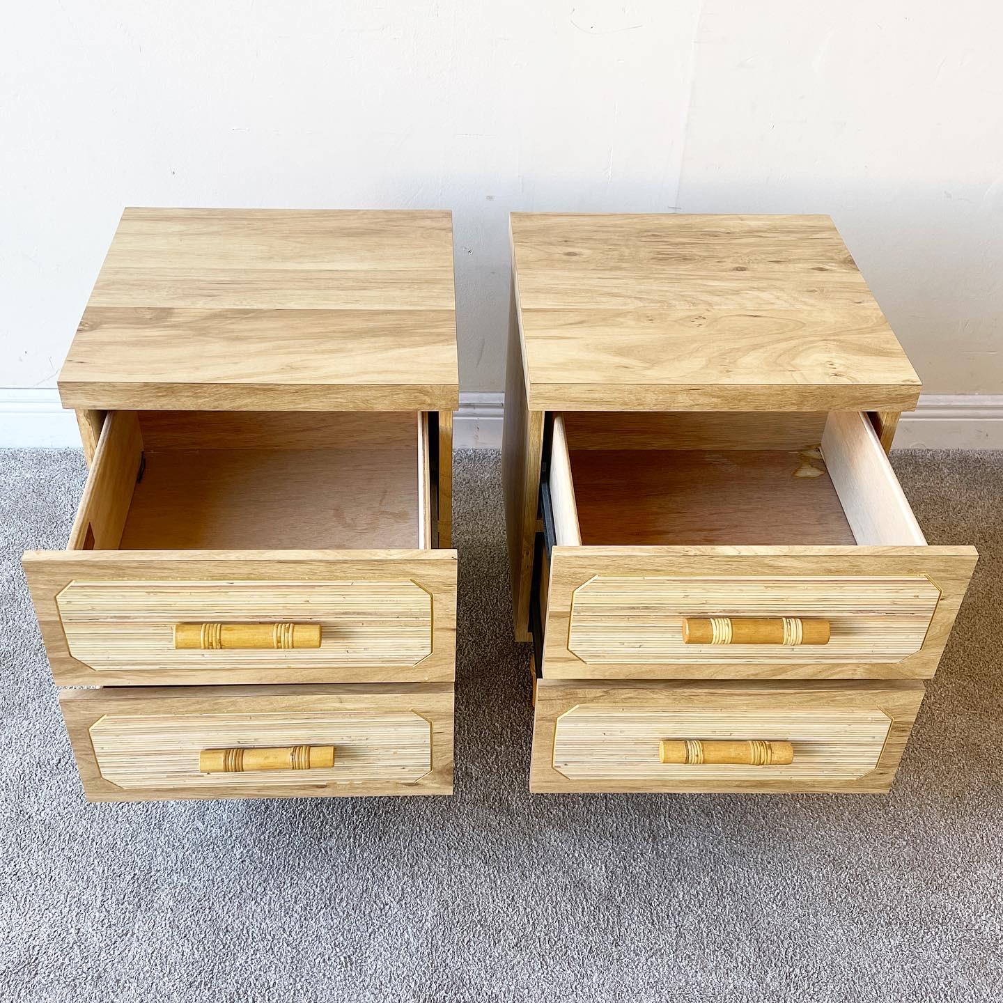 Late 20th Century Boho Chic Woodgrain Laminate and Faux Bamboo Nightstands - a Pair For Sale