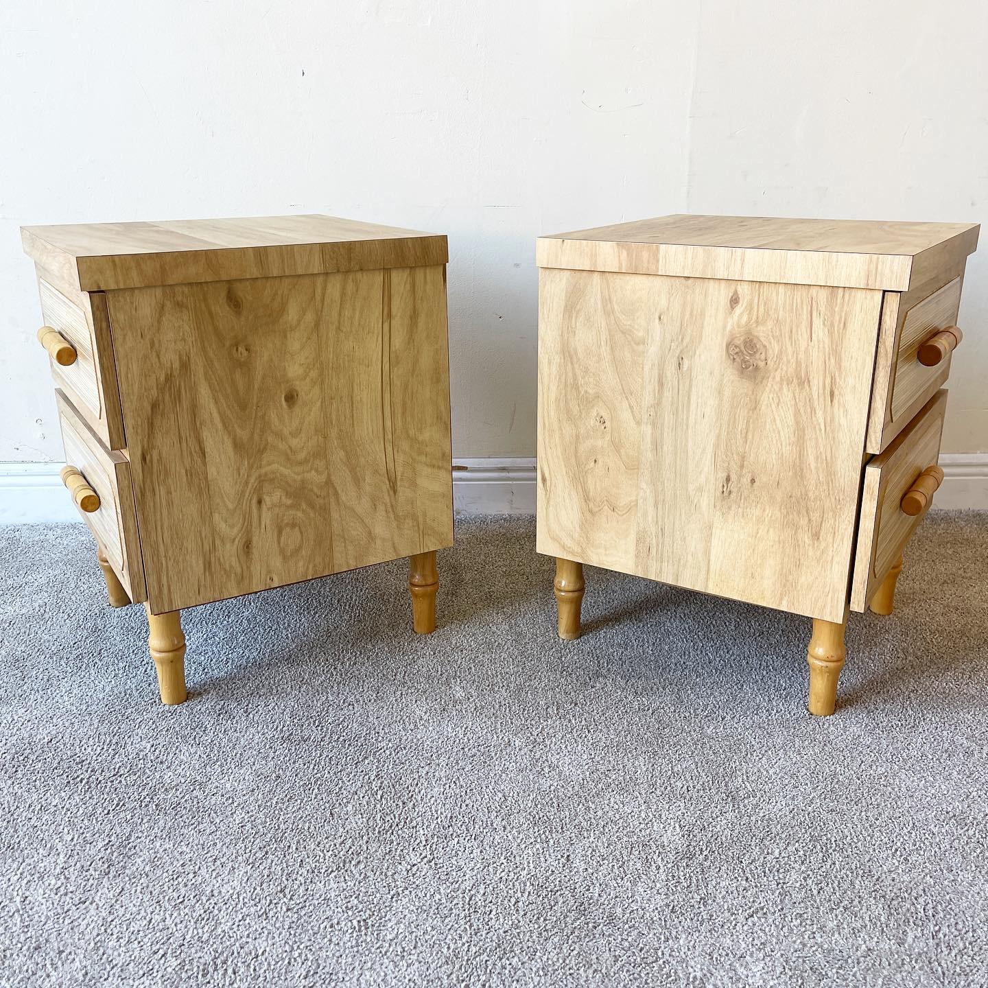 Boho Chic Woodgrain Laminate and Faux Bamboo Nightstands, a Pair In Good Condition In Delray Beach, FL