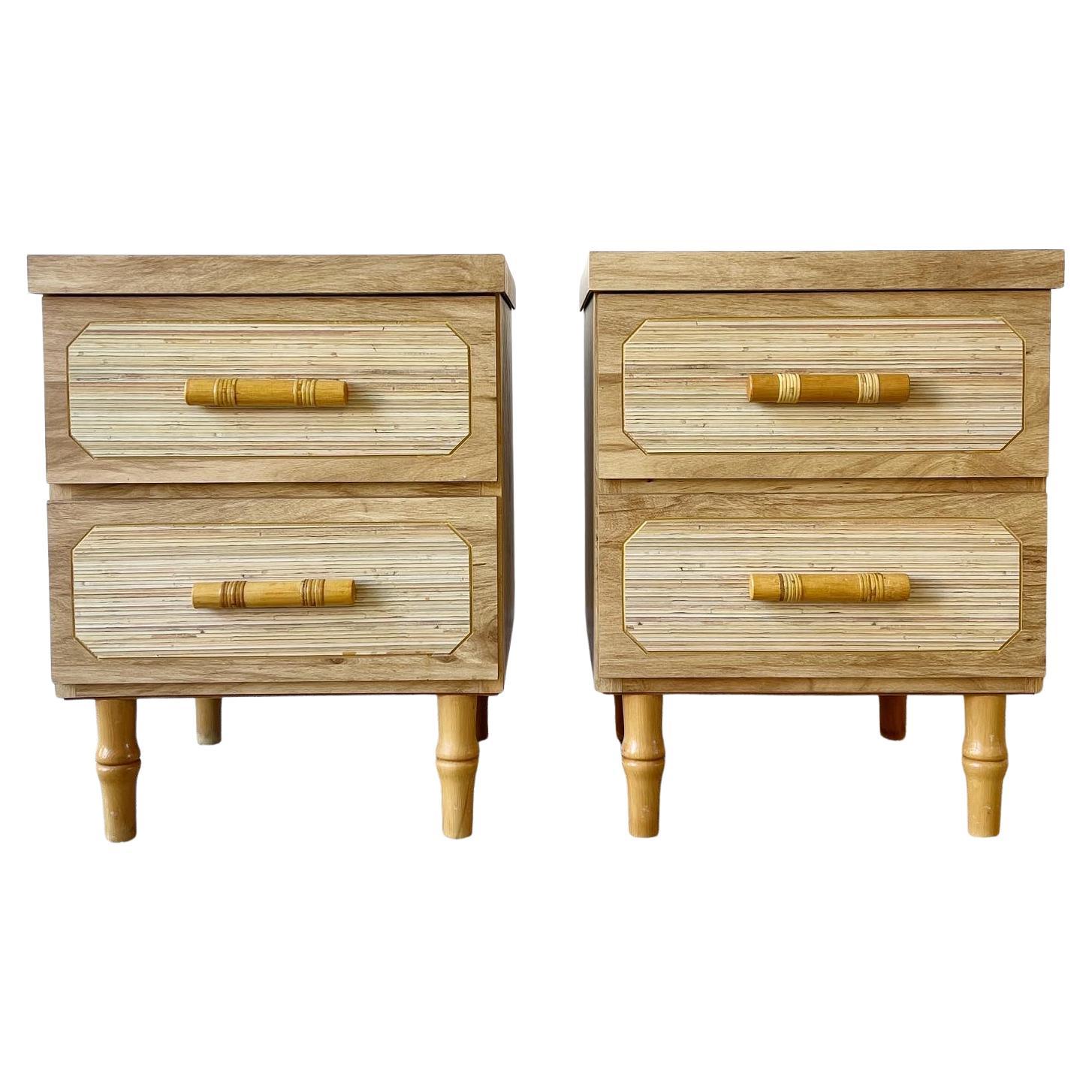 Boho Chic Woodgrain Laminate and Faux Bamboo Nightstands - a Pair