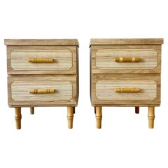Retro Boho Chic Woodgrain Laminate and Faux Bamboo Nightstands - a Pair