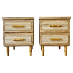 Boho Chic Woodgrain Laminate and Faux Bamboo Nightstands, a Pair