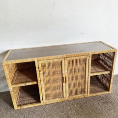 Boho Chic Woven Rattan Smoked Glass Top Credenza