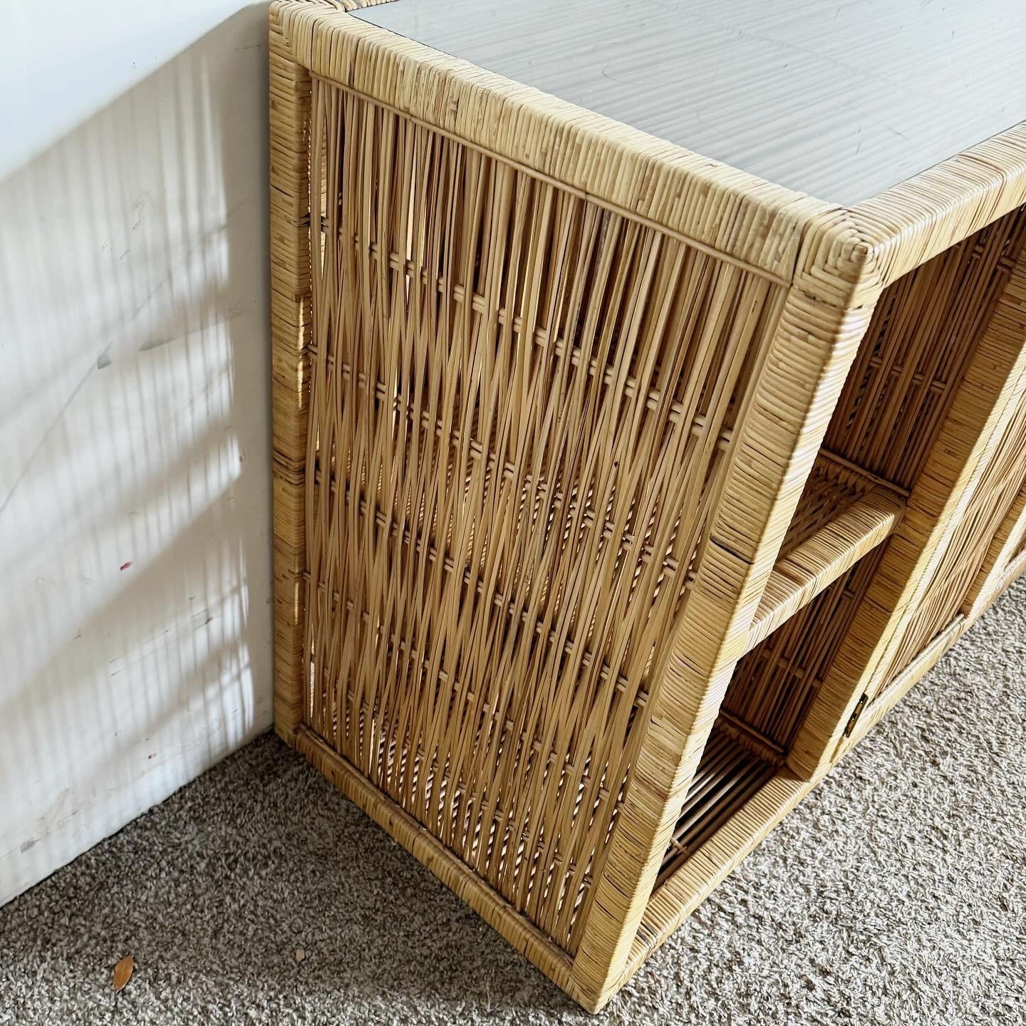 Boho Chic Woven Rattan Smoked Glass Top Credenza In Good Condition In Delray Beach, FL