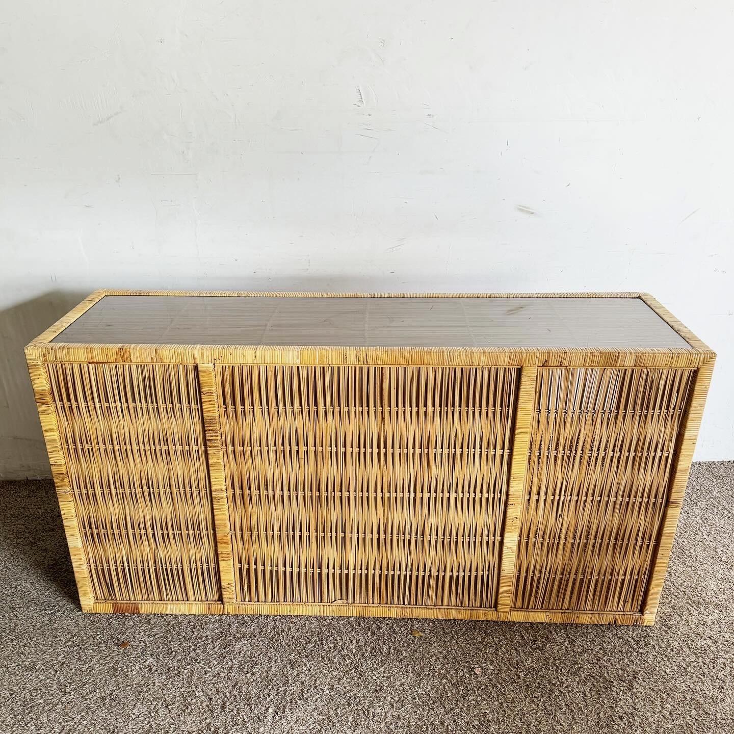 Late 20th Century Boho Chic Woven Rattan Smoked Glass Top Credenza