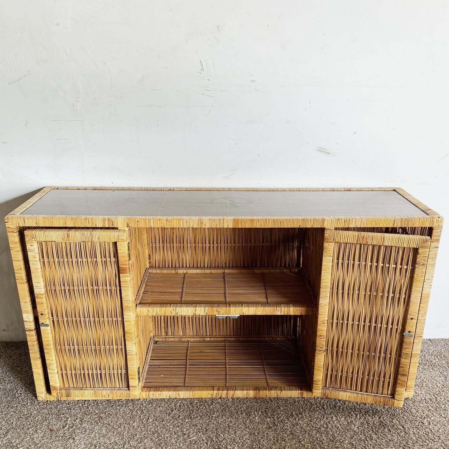 Boho Chic Woven Rattan Smoked Glass Top Credenza 1