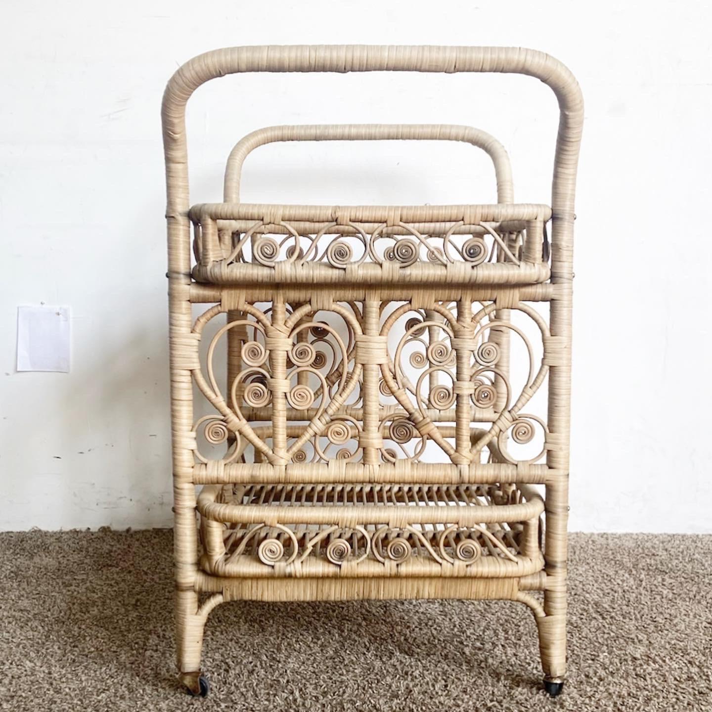 Boho Chic Woven Ribbon Rattan Two Tier Bar Cart For Sale 5