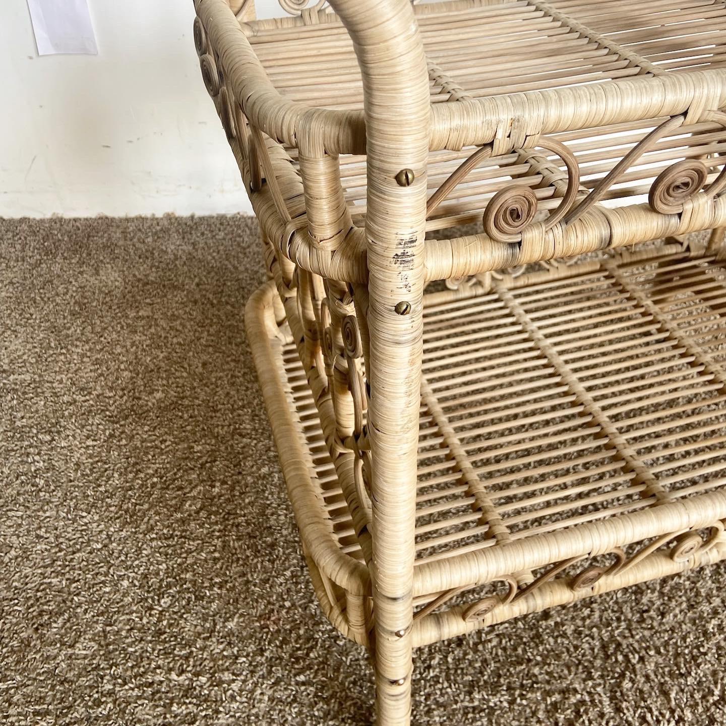 Boho Chic Woven Ribbon Rattan Two Tier Bar Cart For Sale 1
