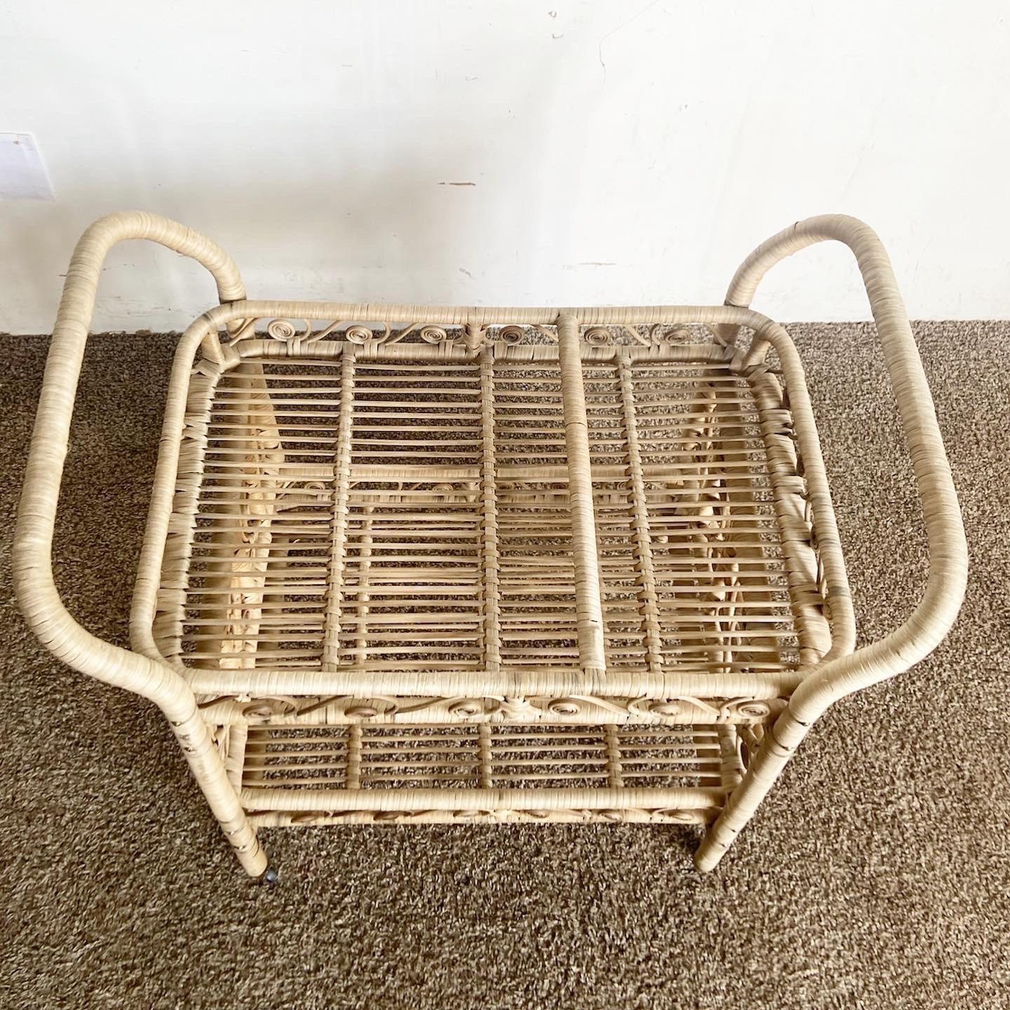 Boho Chic Woven Ribbon Rattan Two Tier Bar Cart For Sale 3