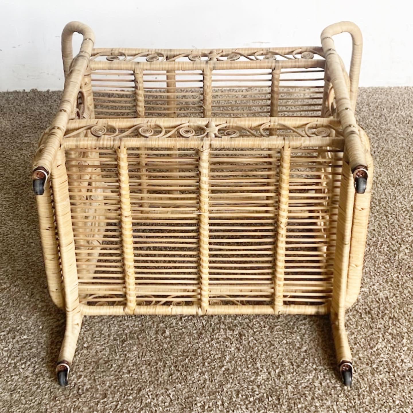 Boho Chic Woven Ribbon Rattan Two Tier Bar Cart For Sale 4