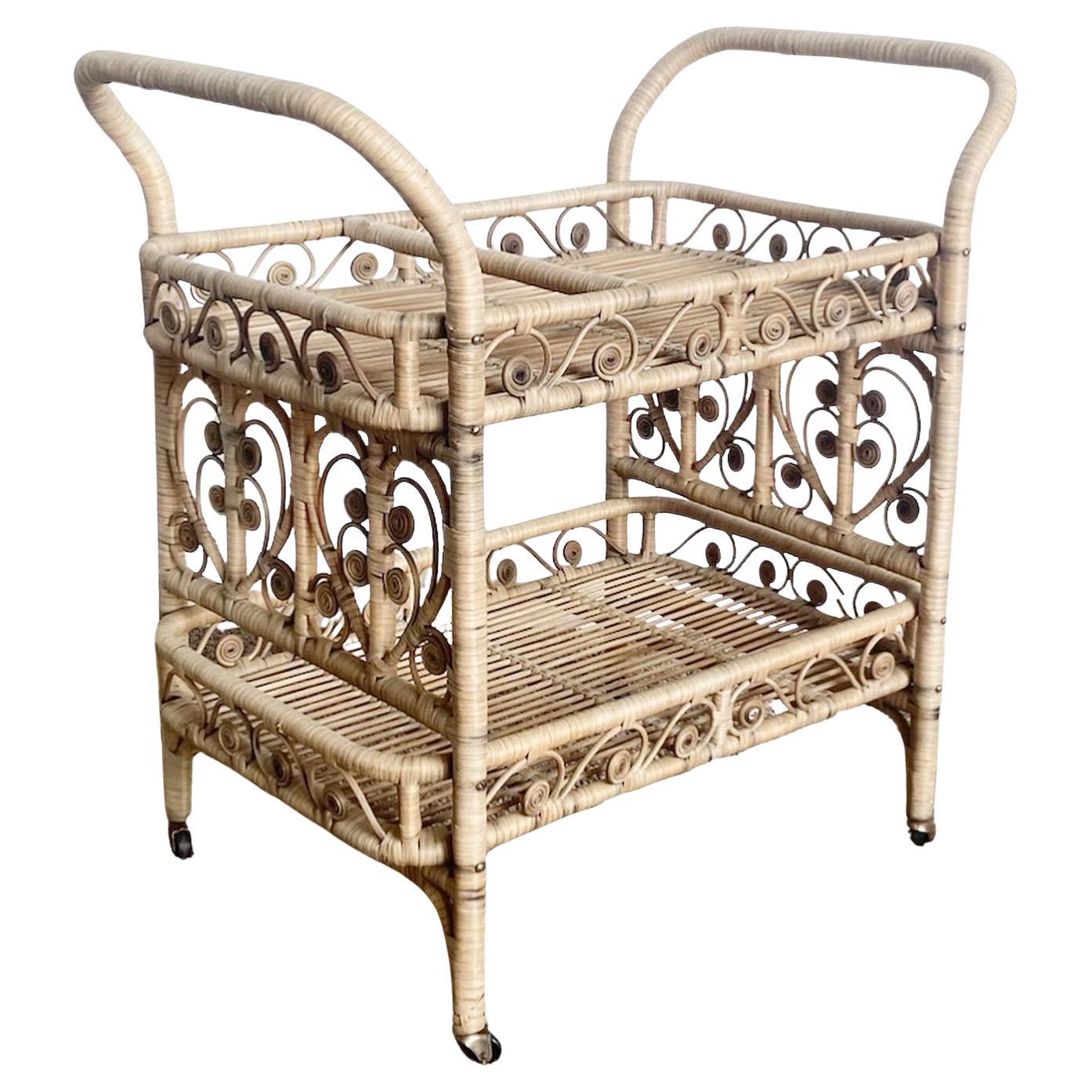 Boho Chic Woven Ribbon Rattan Two Tier Bar Cart For Sale