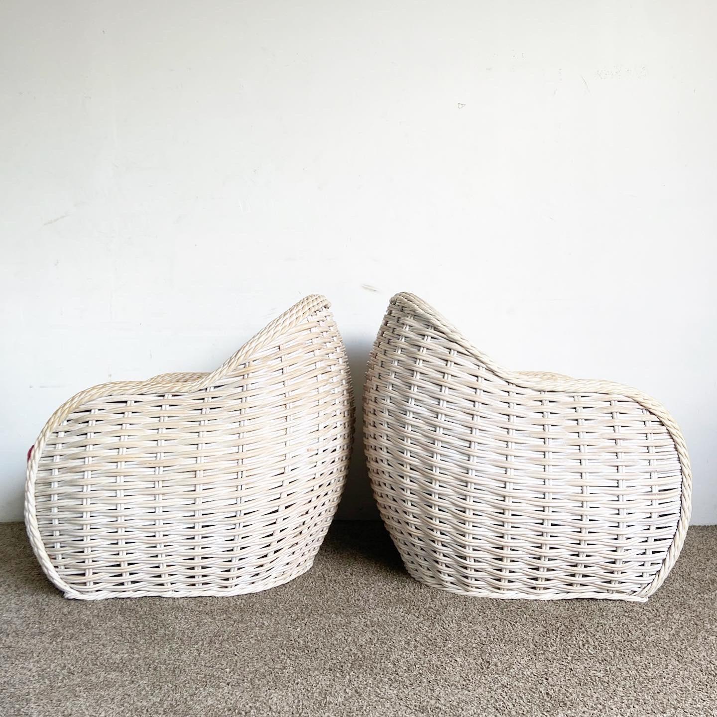Stylish Boho Chic Woven Wicker Lounge Chairs with bulbous design and vibrant upholstery. A pair perfect for eclectic spaces.

Boho Chic Woven Wicker Lounge Chairs - a pair.
Distinctive bulbous design in white wash finish.
Vibrant red and white
