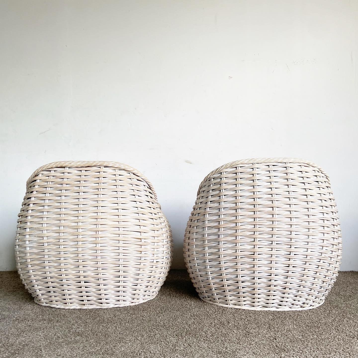 Philippine Boho Chic Woven Wicker Bulbous Lounge Chairs - a Pair For Sale