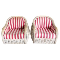 Retro Boho Chic Woven Wicker Bulbous Lounge Chairs - a Pair