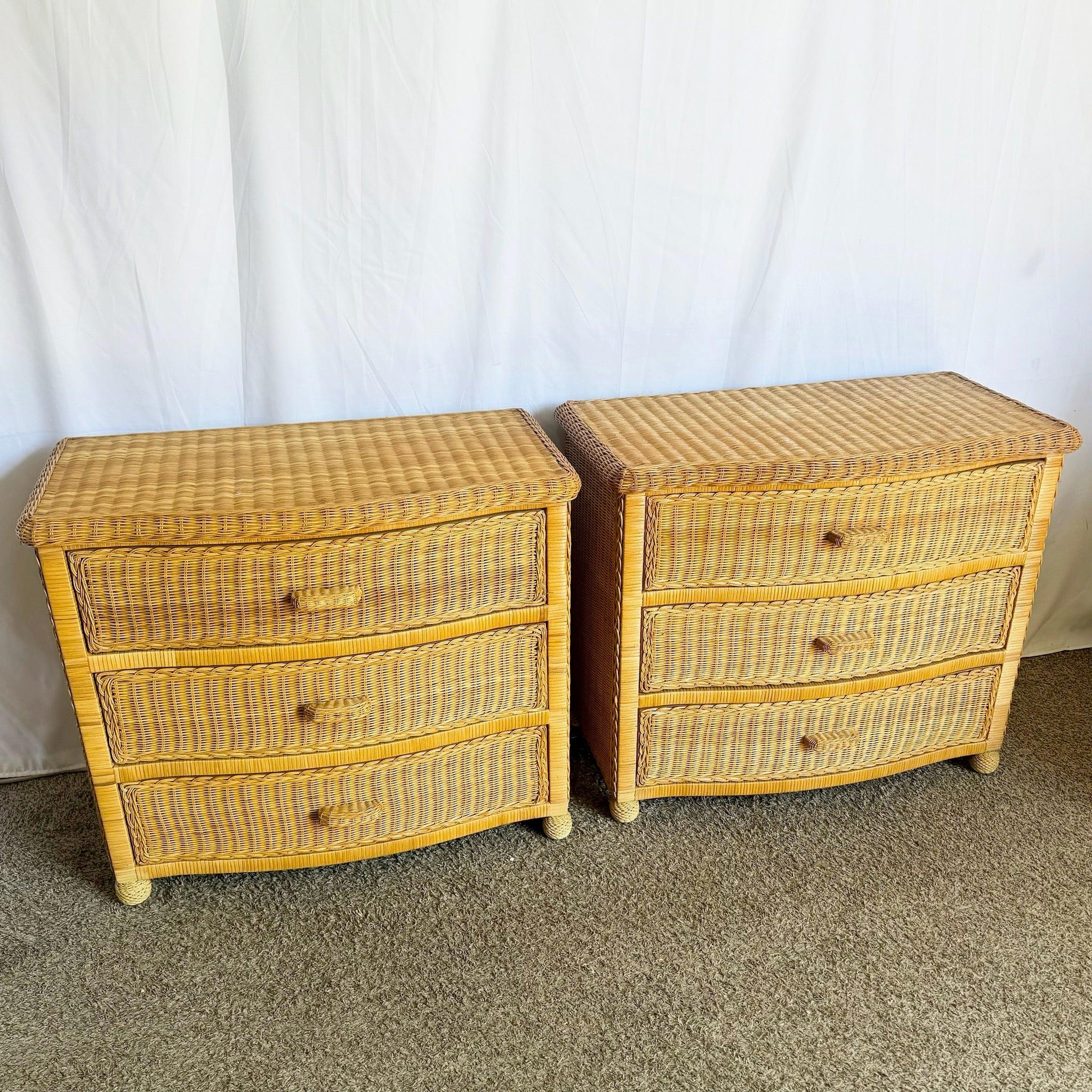 Pair of Boho Chic woven wicker commodes offering ample storage with multiple drawers—perfect for adding rustic charm to bohemian interiors.
 
 Minor wear to the wicker as shown in the photos.
 
 We sell items as acquired, without restoring or