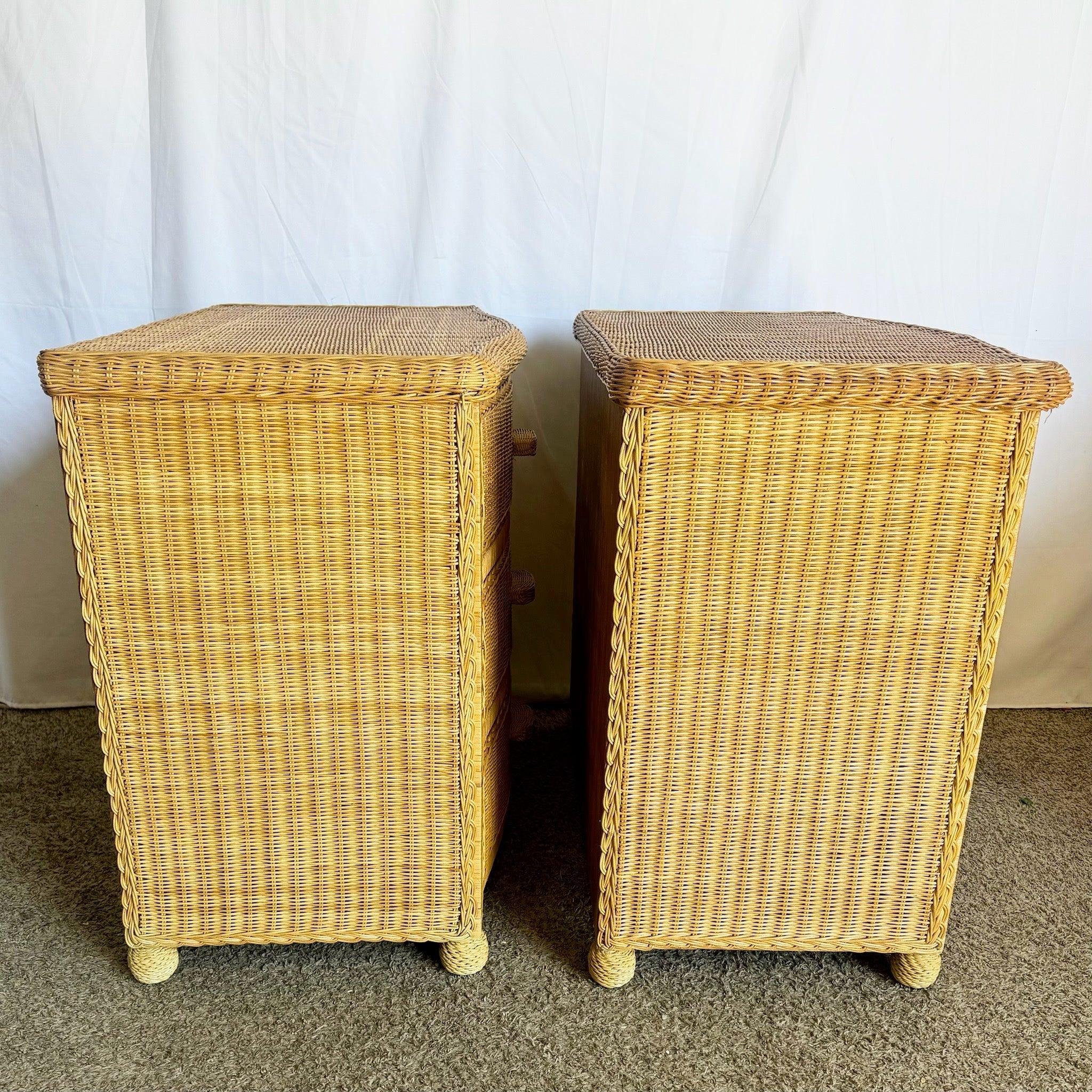 Boho Chic Woven Wicker Commodes/Chests of Drawers - A Pair In Good Condition For Sale In Delray Beach, FL