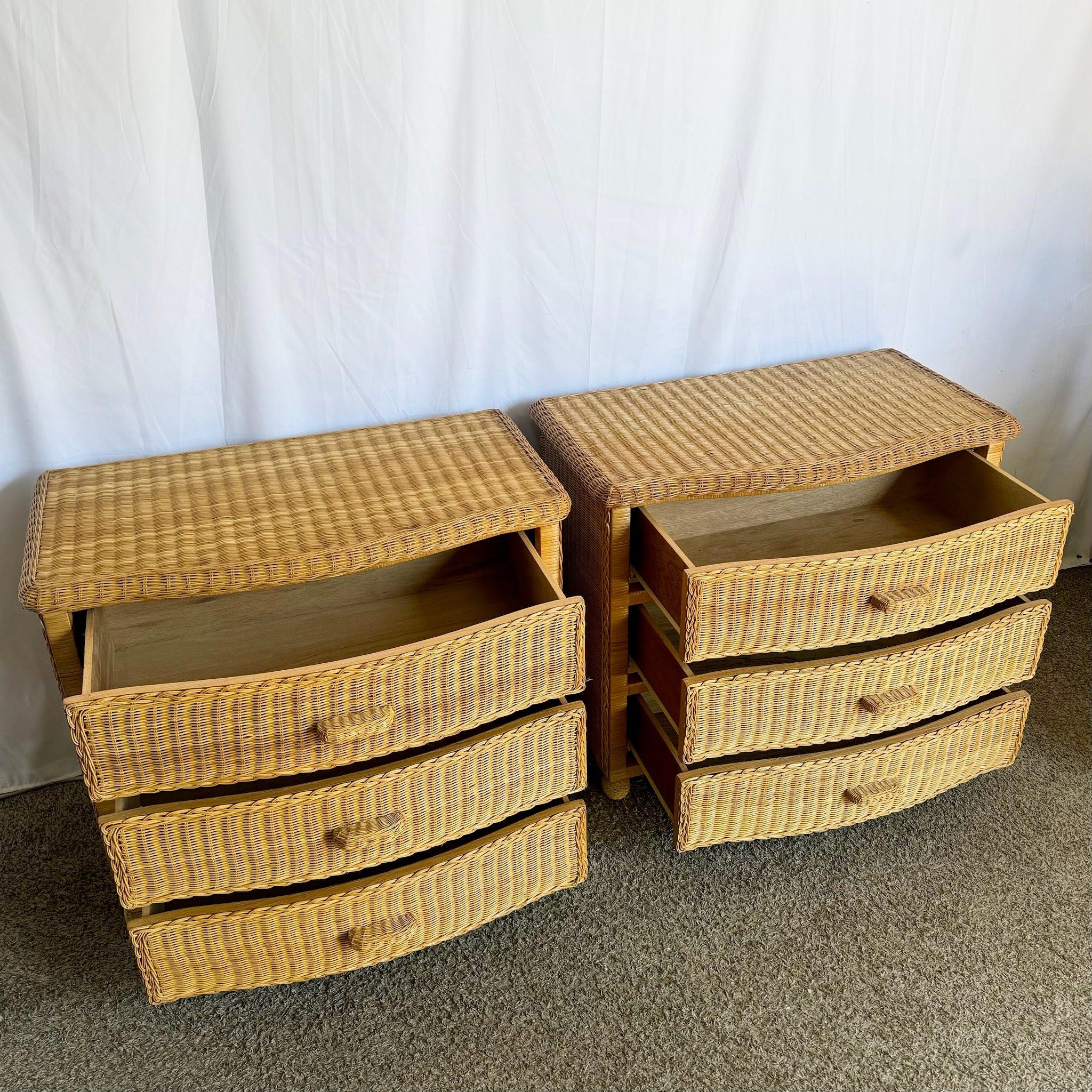 Late 20th Century Boho Chic Woven Wicker Commodes/Chests of Drawers - A Pair For Sale