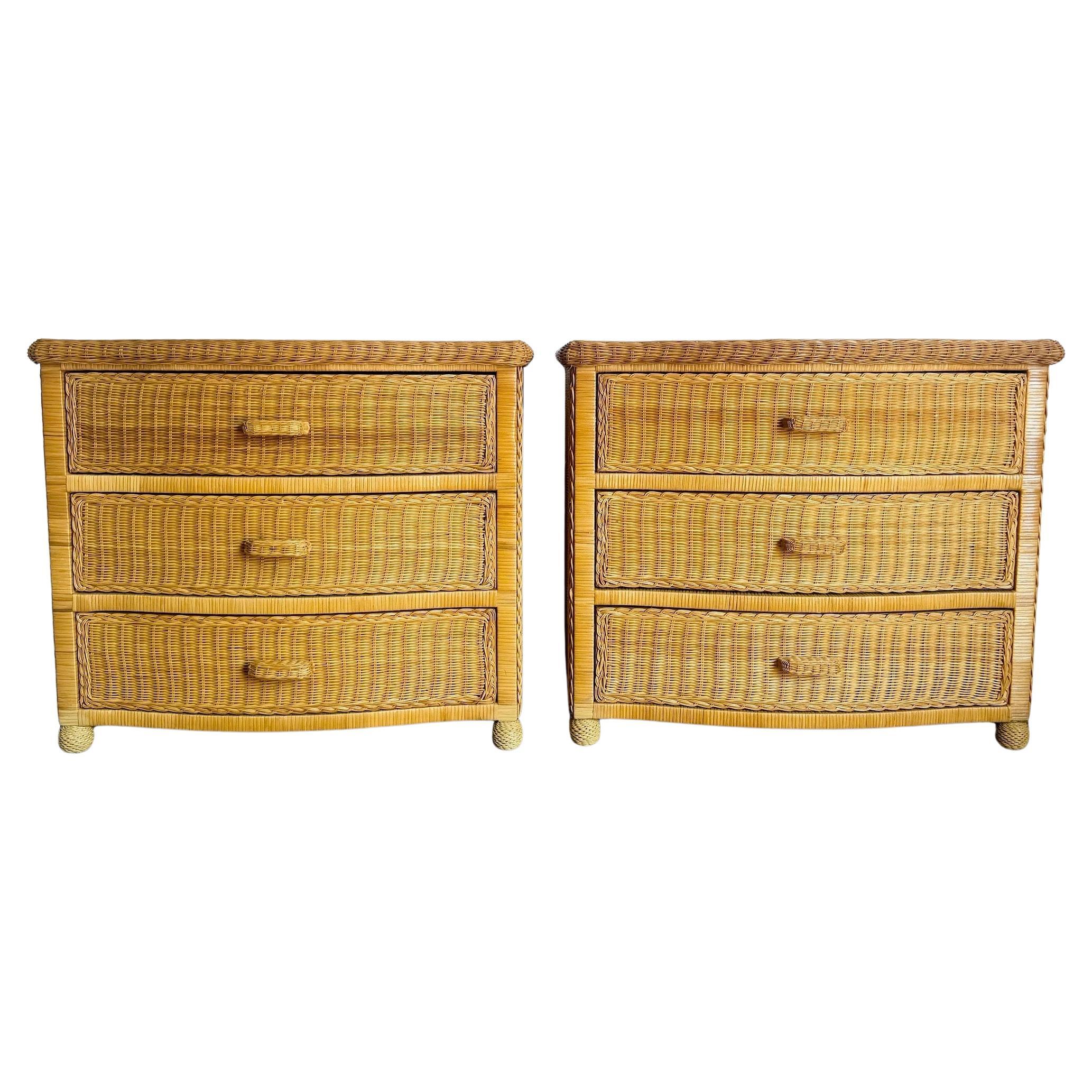 Boho Chic Woven Wicker Commodes/Chests of Drawers - A Pair