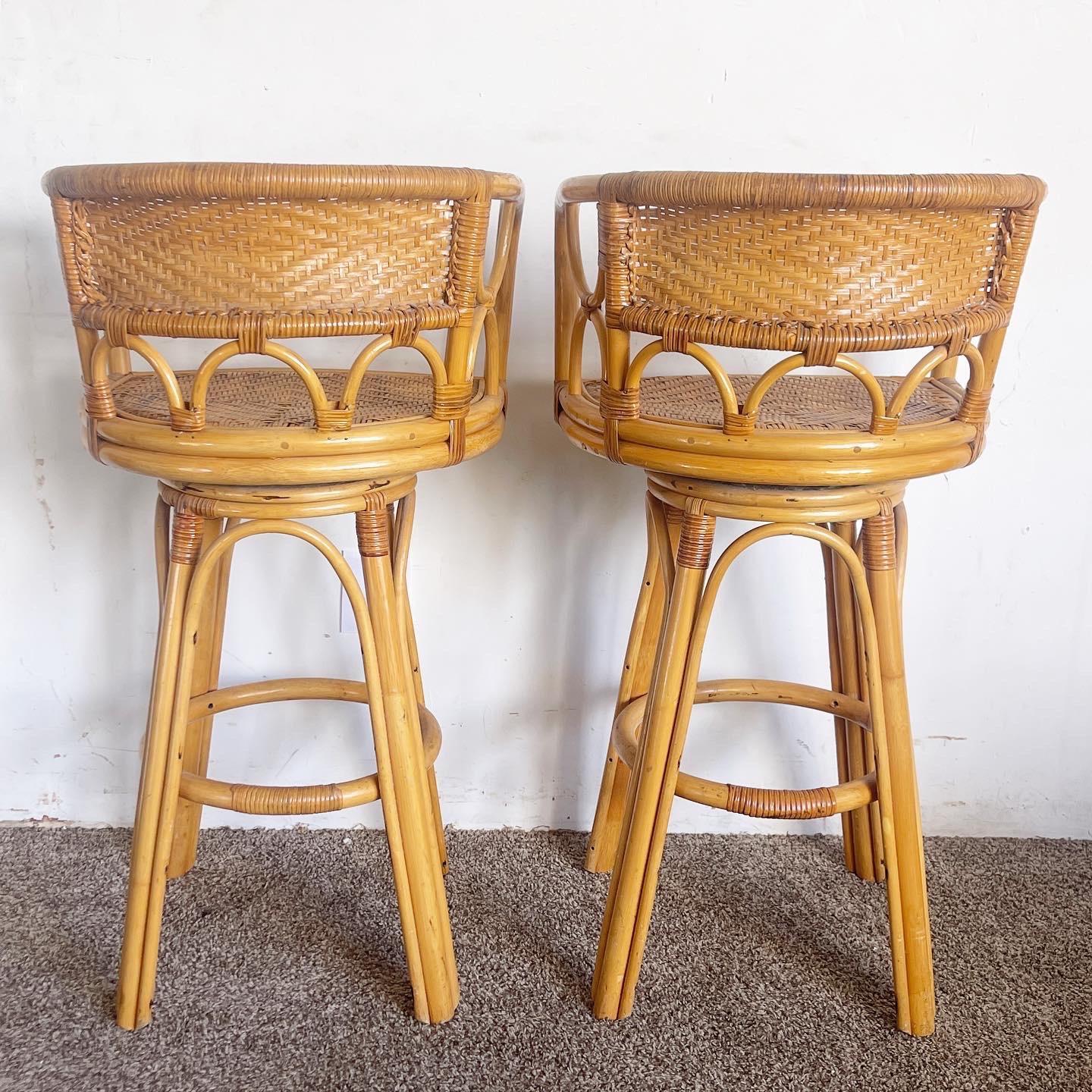 Bohemian Boho Chick Bamboo Rattan and Wicker Swivel Stools - a Pair For Sale