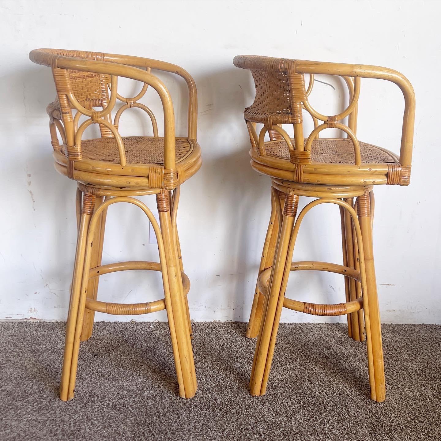 Indonesian Boho Chick Bamboo Rattan and Wicker Swivel Stools - a Pair For Sale
