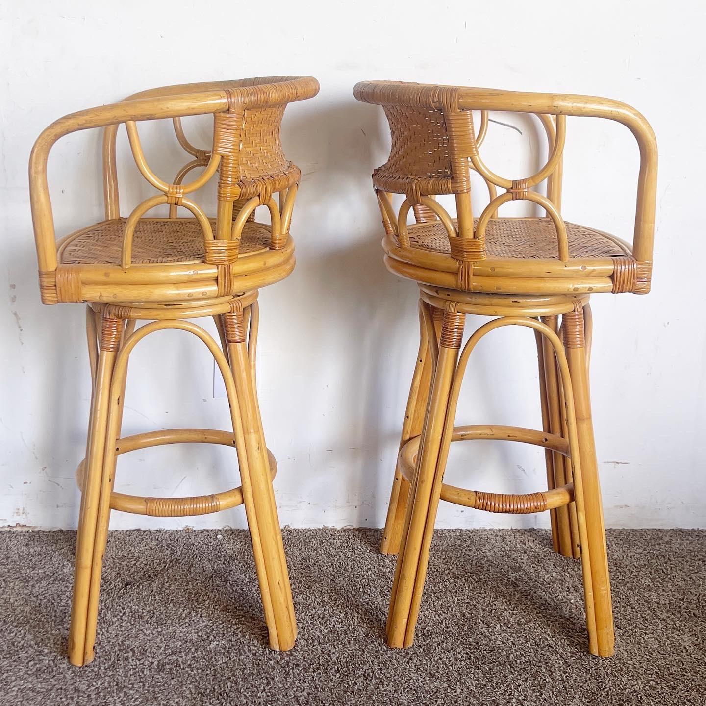 Boho Chick Bamboo Rattan and Wicker Swivel Stools - a Pair In Good Condition For Sale In Delray Beach, FL